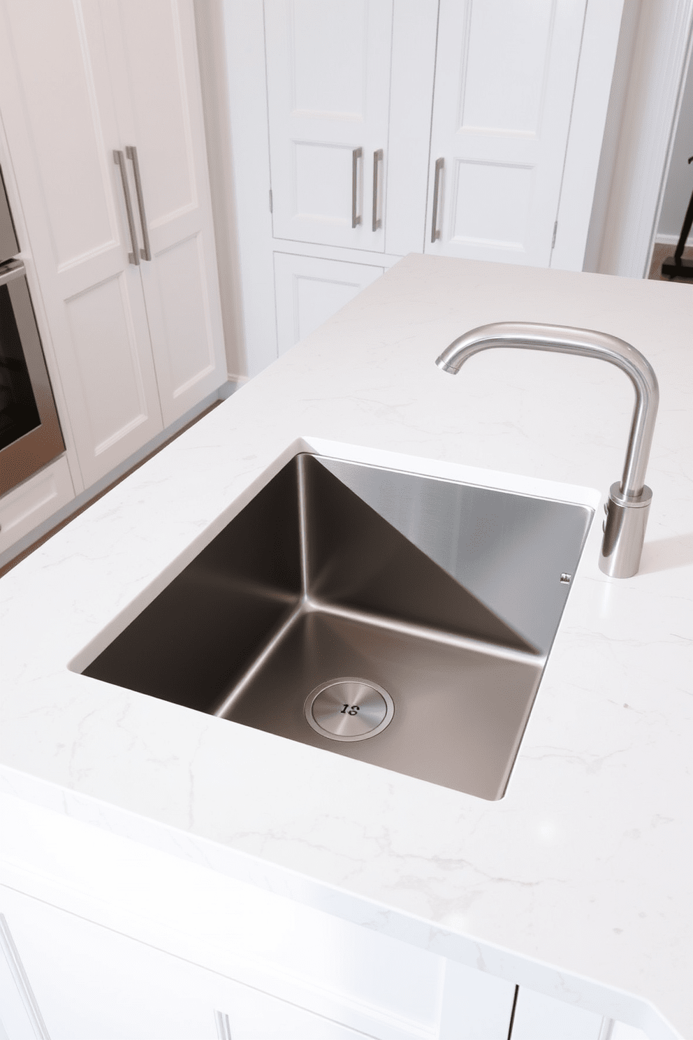 A modern kitchen sink design featuring a sleek undermount sink with a built-in soap dispenser seamlessly integrated into the countertop. The sink is surrounded by a spacious quartz countertop with a minimalist design, complemented by elegant cabinetry in a soft white finish.