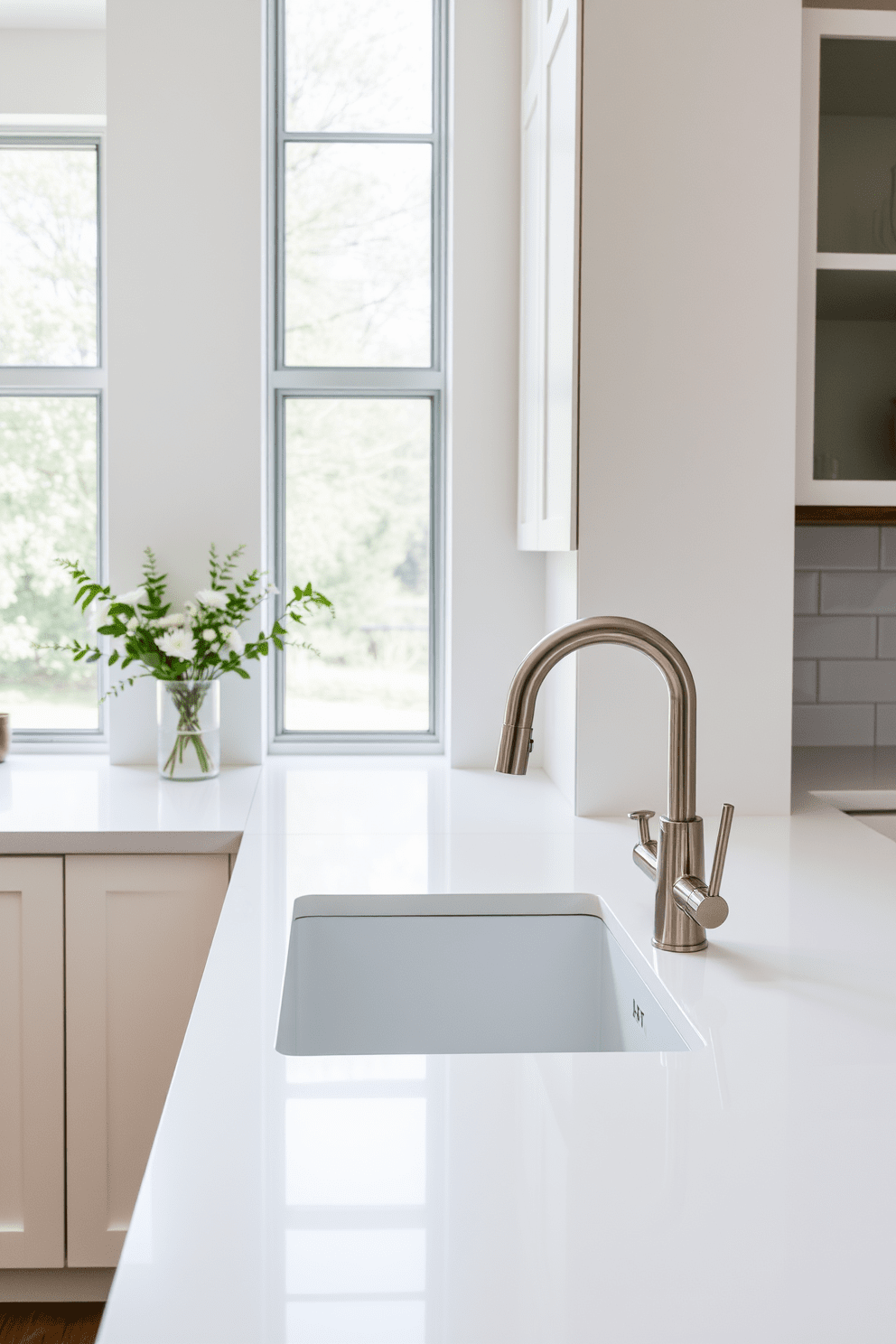 A modern kitchen featuring a sleek sink with a pull-out sprayer for convenience. The sink is integrated into a stylish countertop made of quartz, surrounded by minimalist cabinetry in a soft white finish. Natural light floods the space through large windows, highlighting the elegant backsplash made of subway tiles. A contemporary faucet in brushed nickel adds a touch of sophistication to the overall design.