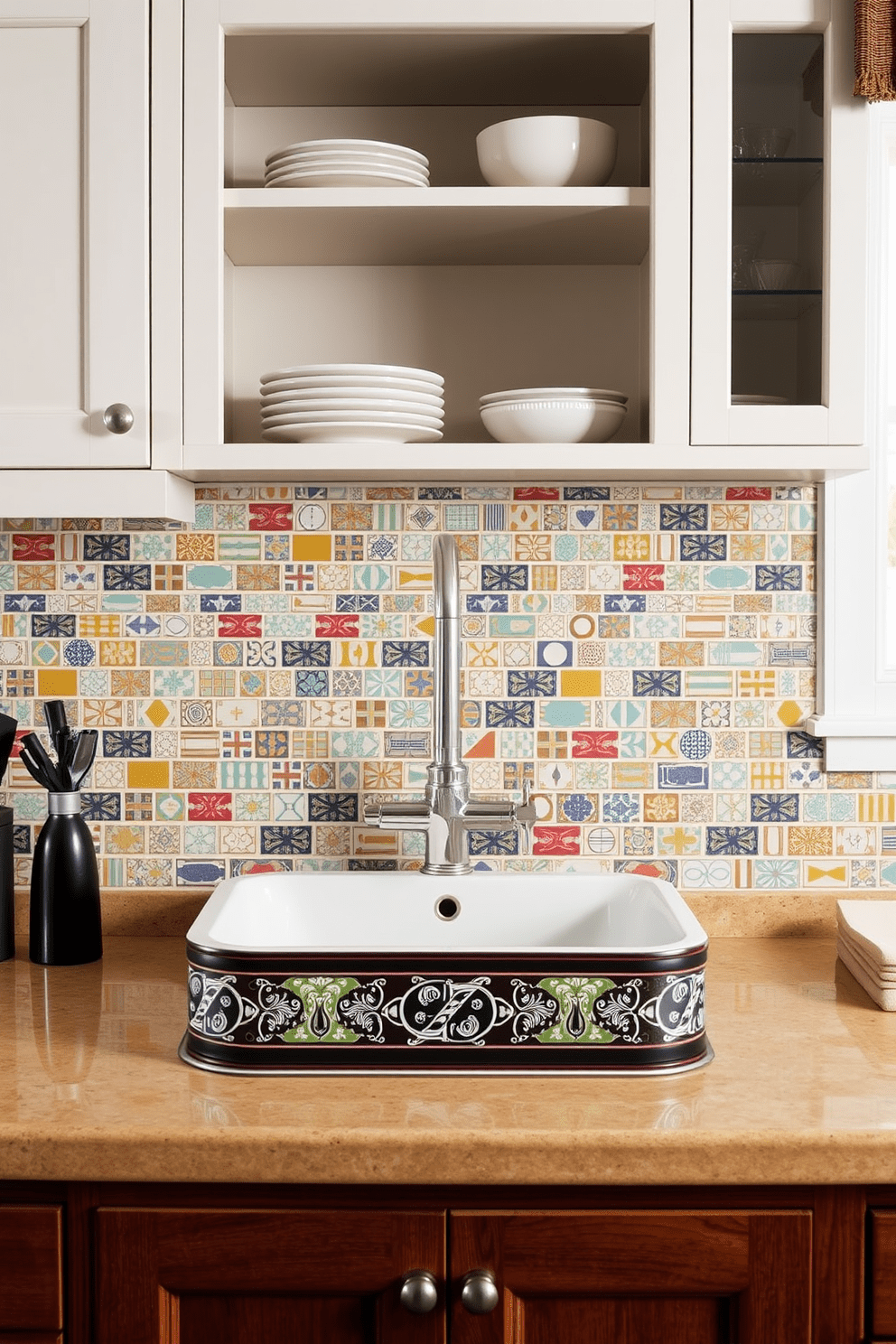 A stylish kitchen sink setting featuring a basin sink with a decorative tile surround. The tiles are a mix of vibrant colors and intricate patterns that add character to the space. Above the sink, a sleek faucet complements the overall design, while open shelving nearby showcases beautiful dishware. The countertop is made of natural stone, providing a stunning contrast to the colorful tiles.