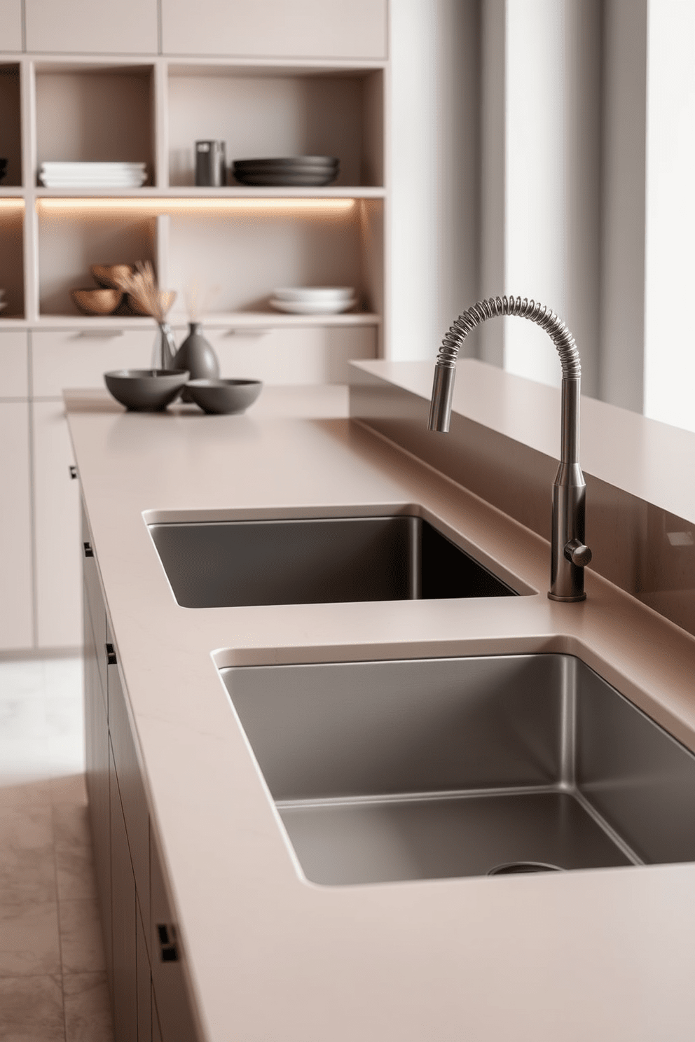 A modern kitchen scene featuring a sleek sink that seamlessly blends with the matching countertop material. The design emphasizes clean lines and a minimalist aesthetic, showcasing a harmonious color palette that enhances the overall elegance of the space. The sink is integrated into the countertop, creating a fluid transition between the two elements. Stylish fixtures and accessories complement the design, adding a touch of sophistication to the kitchen environment.