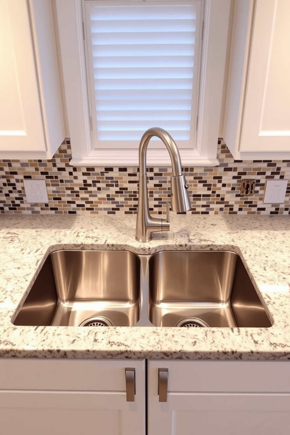 A contemporary kitchen featuring a double basin sink designed for multitasking efficiency. The sink is made of stainless steel and is set into a sleek granite countertop with ample workspace on either side. Above the sink, a stylish gooseneck faucet provides ease of use while complementing the modern aesthetic. The cabinetry is painted in a soft white hue, and the backsplash showcases a vibrant mosaic tile pattern that adds a pop of color to the space.