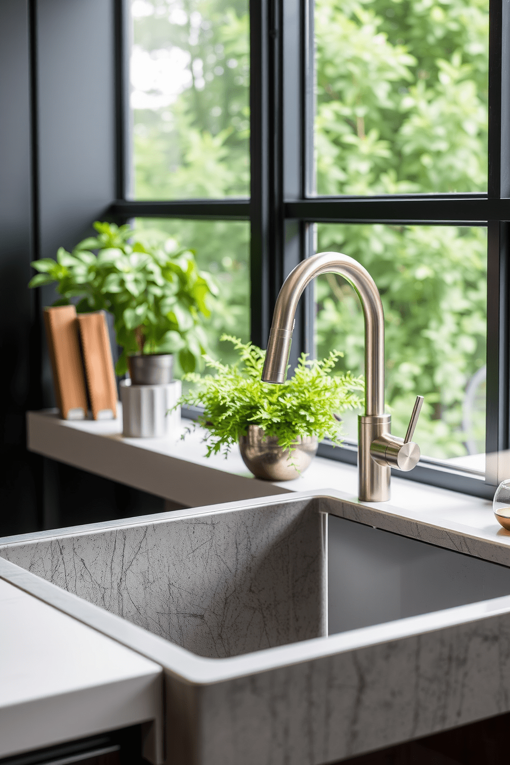 A sustainable kitchen sink made from recycled materials features a sleek and modern design that complements eco-friendly aesthetics. The sink is paired with a stylish faucet made from brushed stainless steel, enhancing both functionality and sustainability.