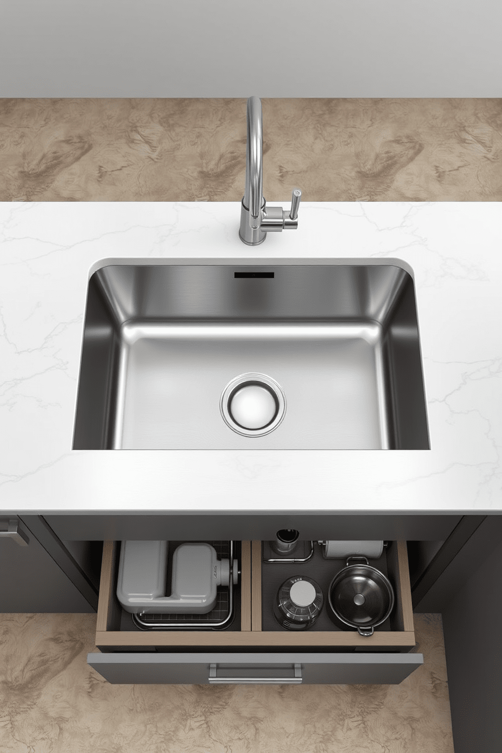 A modern kitchen sink design featuring a single basin that offers ample space for washing large pots and pans. The sink is made of stainless steel with a sleek, brushed finish, complemented by a high-arc faucet in a polished chrome finish. The countertop surrounding the sink is crafted from elegant quartz with subtle veining, providing a sophisticated look. Underneath the sink, there are pull-out drawers for easy access to cleaning supplies and kitchen tools, enhancing both functionality and style.