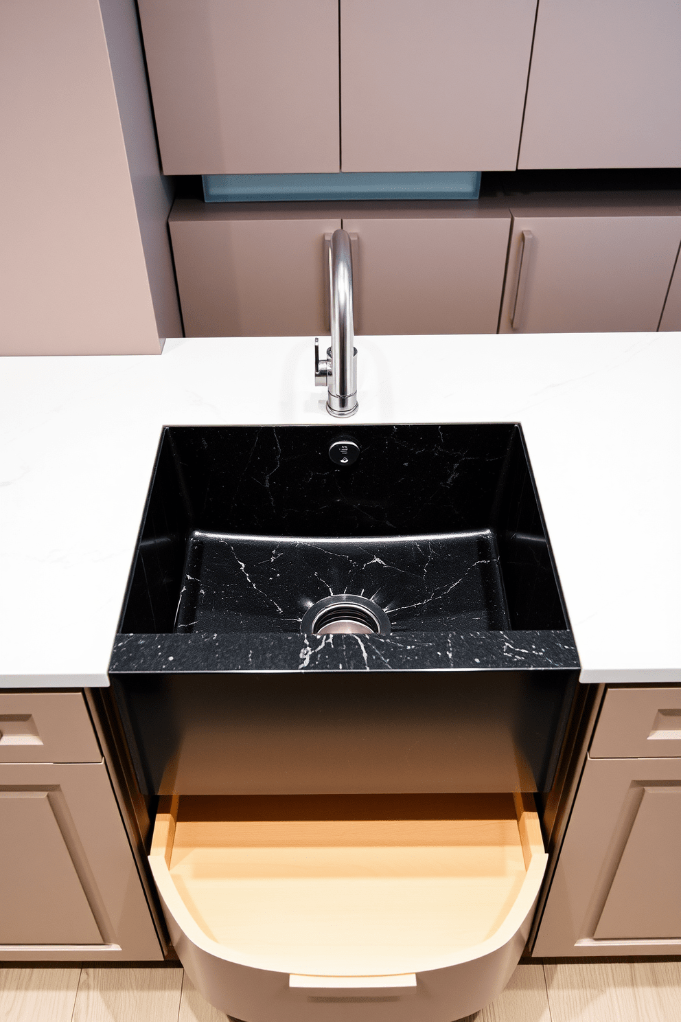 A sleek black granite sink serves as the centerpiece of a modern kitchen, exuding sophistication and style. The surrounding cabinetry features clean lines and a minimalist aesthetic, enhancing the overall elegance of the space. Underneath the sink, there are pull-out drawers that provide ample storage for kitchen essentials. The countertop is a complementary white quartz, creating a striking contrast with the deep black of the granite.