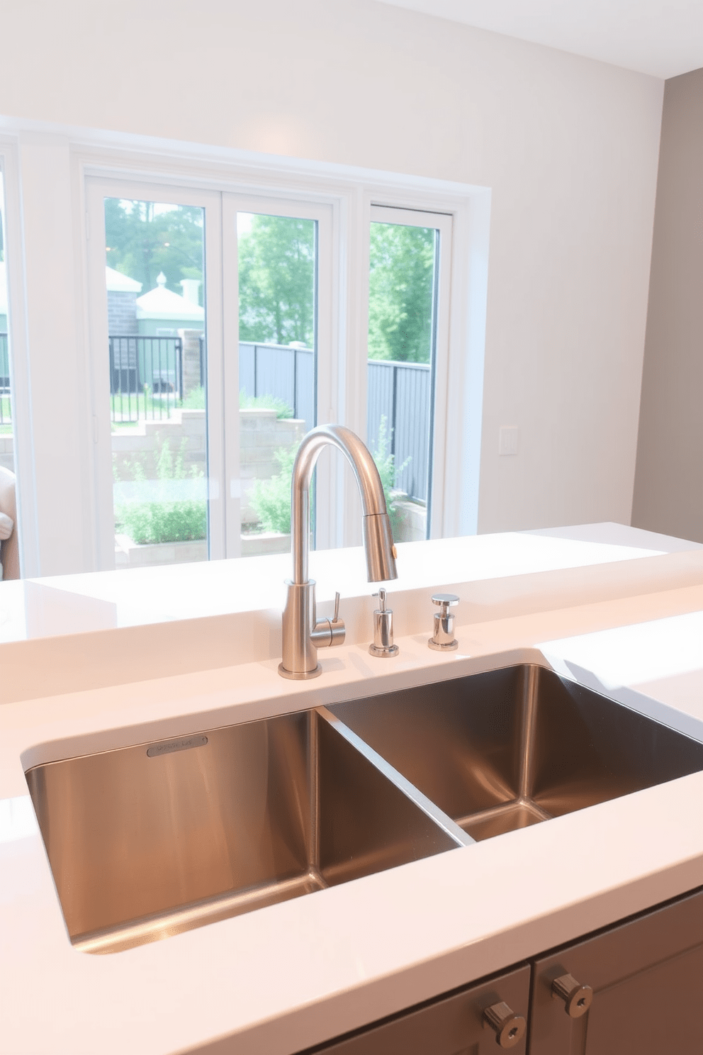 A modern kitchen featuring a stainless steel sink with a brushed finish. The sink is complemented by sleek cabinetry in a soft gray tone, and a stylish faucet adds a contemporary touch. Natural light streams in through a large window above the sink, illuminating the space. The countertops are made of white quartz, providing a clean and inviting surface for meal preparation.