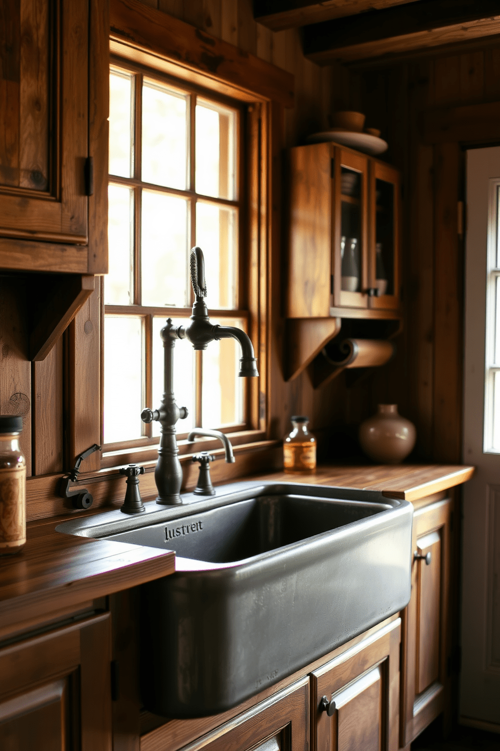 A vintage cast iron sink exudes classic charm in a warm and inviting kitchen setting. The sink is paired with a rustic wooden countertop and surrounded by antique cabinetry, creating a timeless aesthetic. Above the sink, a stylish gooseneck faucet complements the vintage design, adding both functionality and elegance. Natural light streams in through a nearby window, illuminating the space and highlighting the rich textures of the materials used.