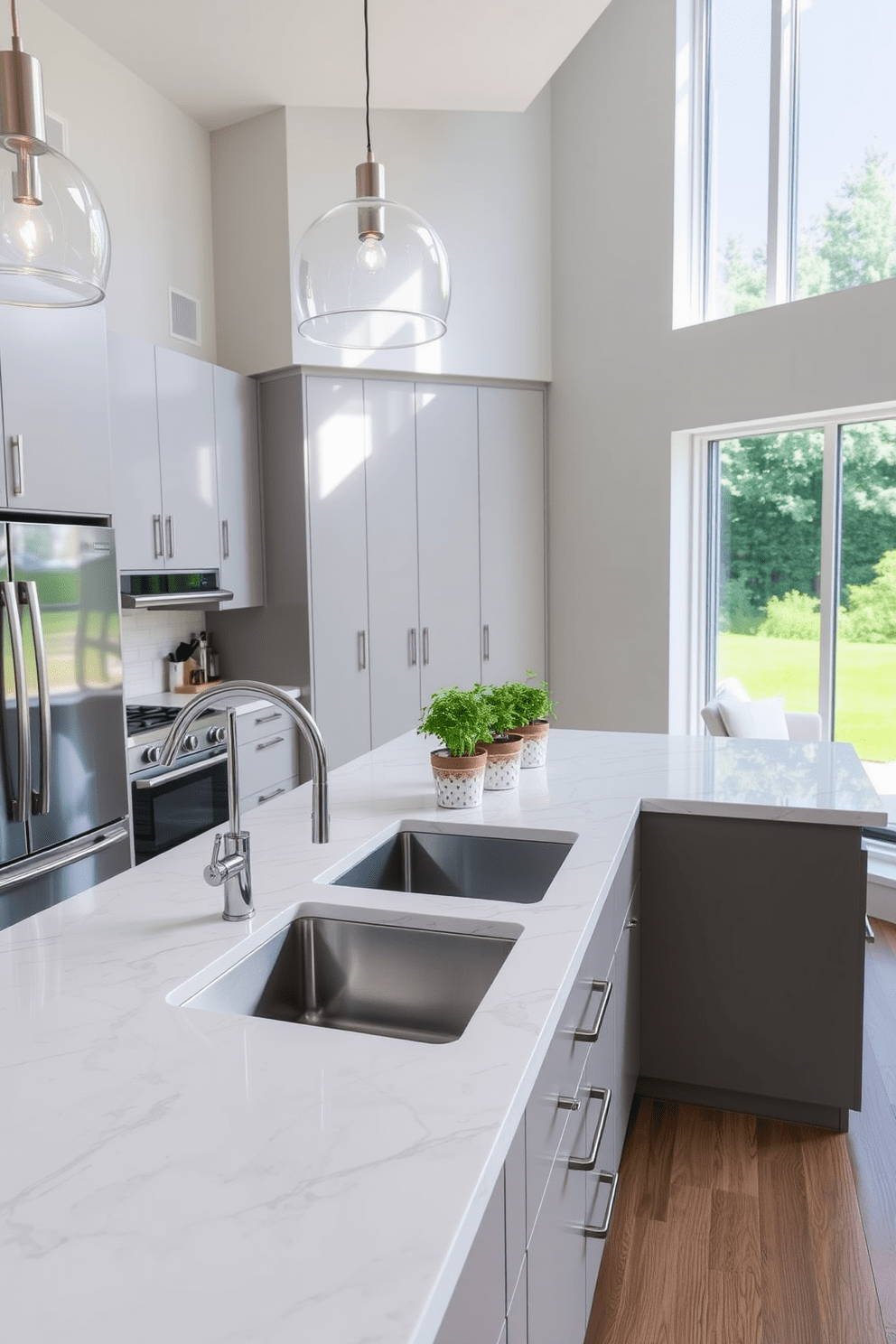 A modern kitchen featuring an integrated sink seamlessly blending into a stunning quartz countertop. The cabinetry is sleek and minimalist, with soft-close drawers and a neutral color palette that enhances the overall elegance of the space. Natural light floods the room through large windows, illuminating the stainless steel appliances and stylish pendant lighting above the island. A tasteful arrangement of fresh herbs in decorative pots adds a touch of greenery to the countertop, creating a warm and inviting atmosphere.