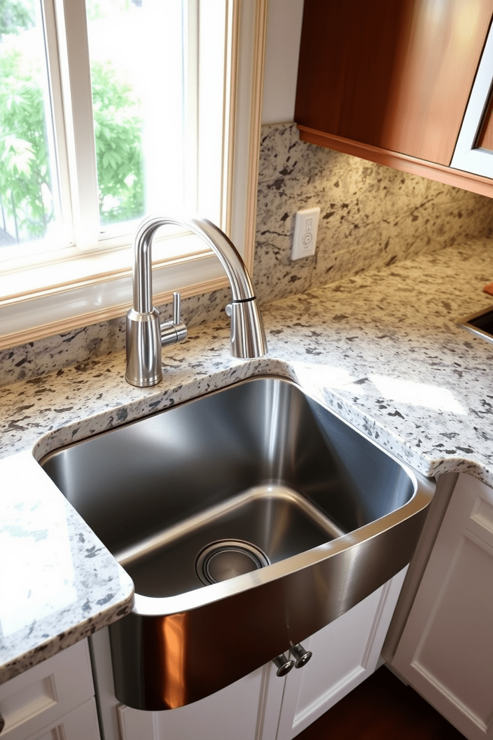 A corner sink is seamlessly integrated into the kitchen layout, optimizing space while maintaining functionality. The sink features a modern design with sleek lines and a polished stainless steel finish, surrounded by elegant cabinetry. Natural light floods the area through a nearby window, highlighting the beautiful granite countertop that complements the sink. A stylish faucet with a pull-down sprayer enhances both the aesthetic and practicality of the kitchen space.