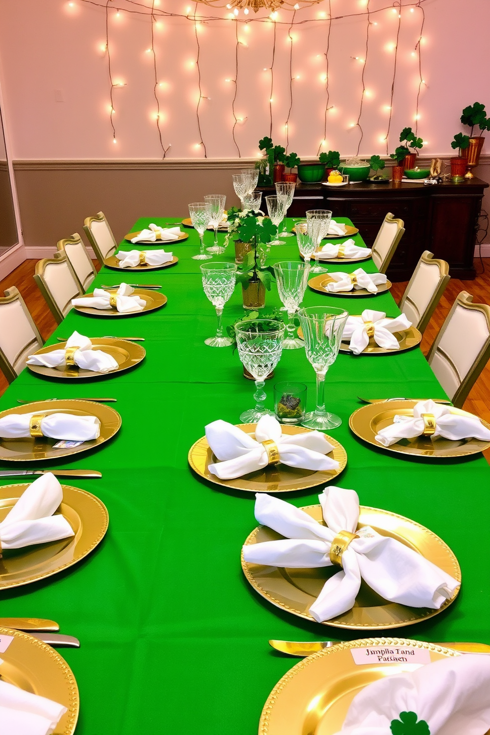 A vibrant green tablecloth covers a long dining table adorned with gold-rimmed plates and sparkling crystal glassware. Golden napkin rings hold neatly folded white napkins, while small pots of shamrocks serve as charming centerpieces. On the sideboard, a decorative arrangement of green and gold accents complements the festive atmosphere. String lights in warm tones twinkle above, creating an inviting ambiance for St. Patrick's Day celebrations.