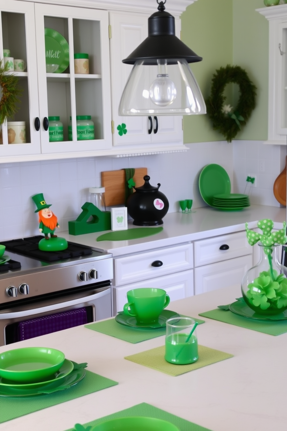 Create a charming kitchen scene decorated for St. Patrick's Day. The countertops are adorned with whimsical leprechaun figurines, adding a festive touch to the space. Incorporate vibrant green accents throughout the kitchen, including shamrock-themed dishware and colorful table linens. The overall atmosphere should be cheerful and inviting, perfect for celebrating the holiday.