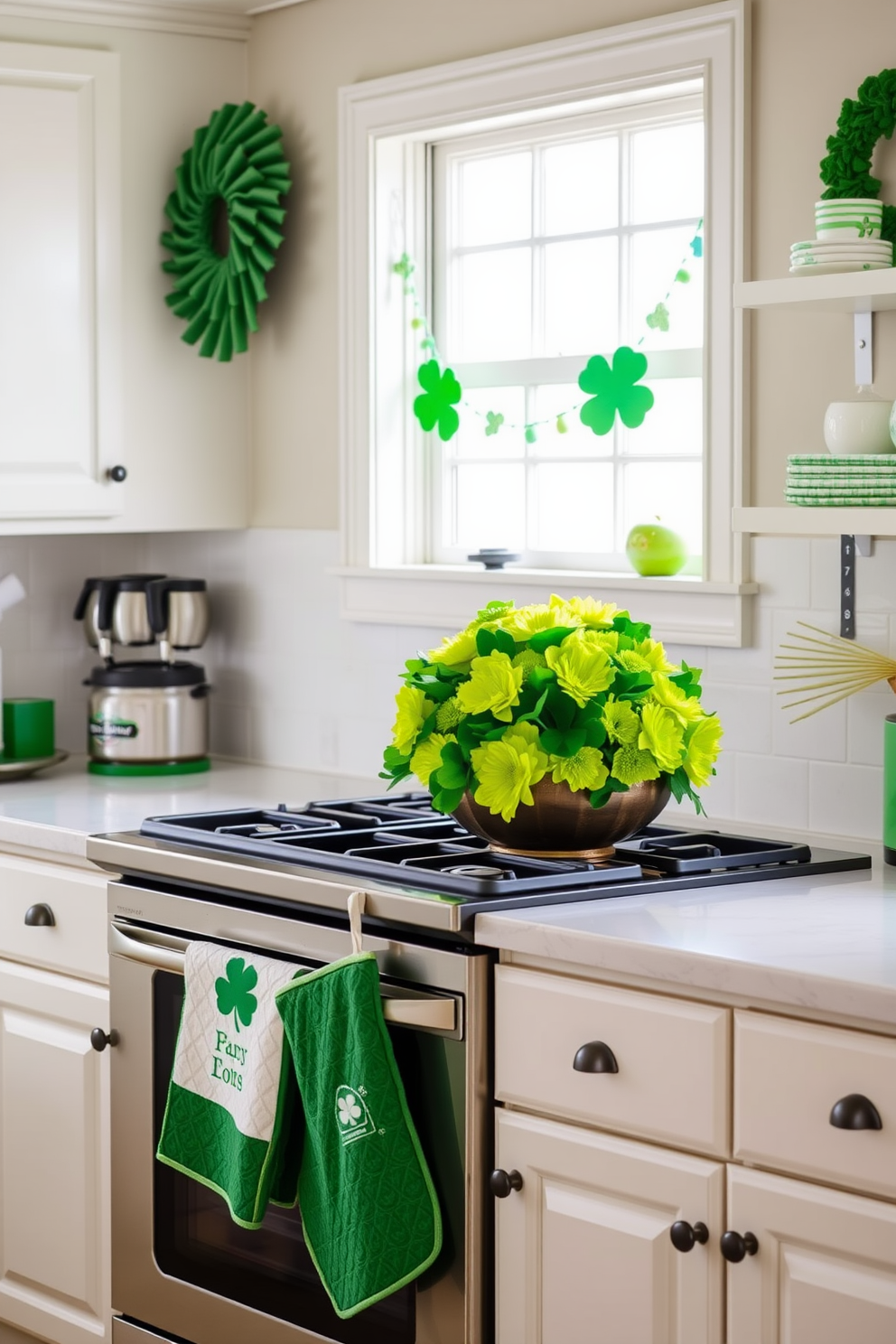 A charming kitchen adorned with green kitchen towels and oven mitts hanging from the oven door. The countertops are decorated with festive St. Patrick's Day accents, including shamrock-themed dishware and a vibrant centerpiece of fresh green flowers.