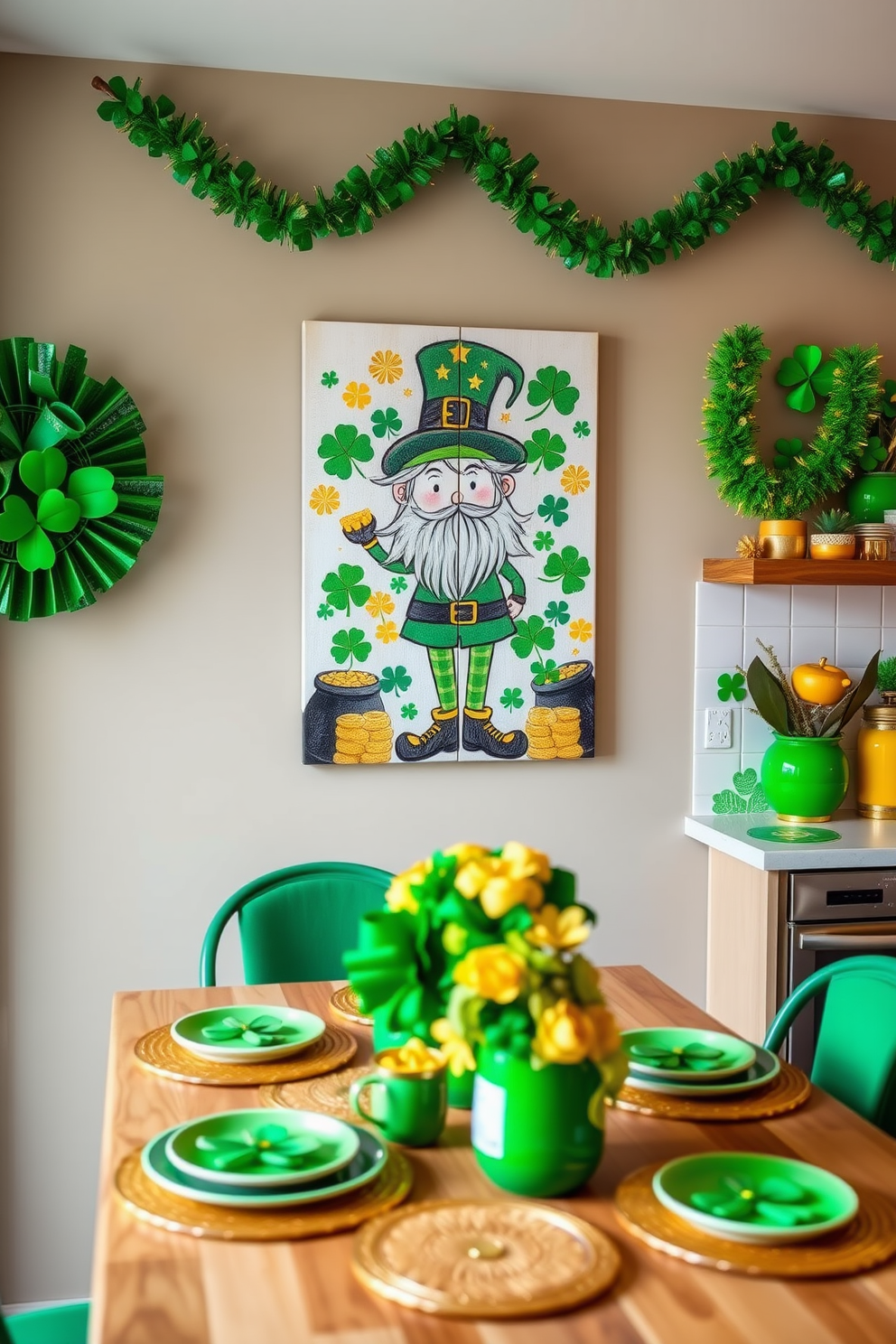 Create a vibrant St Patricks Day themed wall art display featuring a large canvas with a whimsical leprechaun surrounded by shamrocks and pots of gold. Incorporate a mix of bright greens and gold accents to evoke the festive spirit of the holiday. Design a cozy kitchen space adorned with St Patricks Day decorations including green and gold table settings, festive garlands, and themed dishware. Use playful touches like shamrock-shaped coasters and a cheerful centerpiece to enhance the celebratory atmosphere.