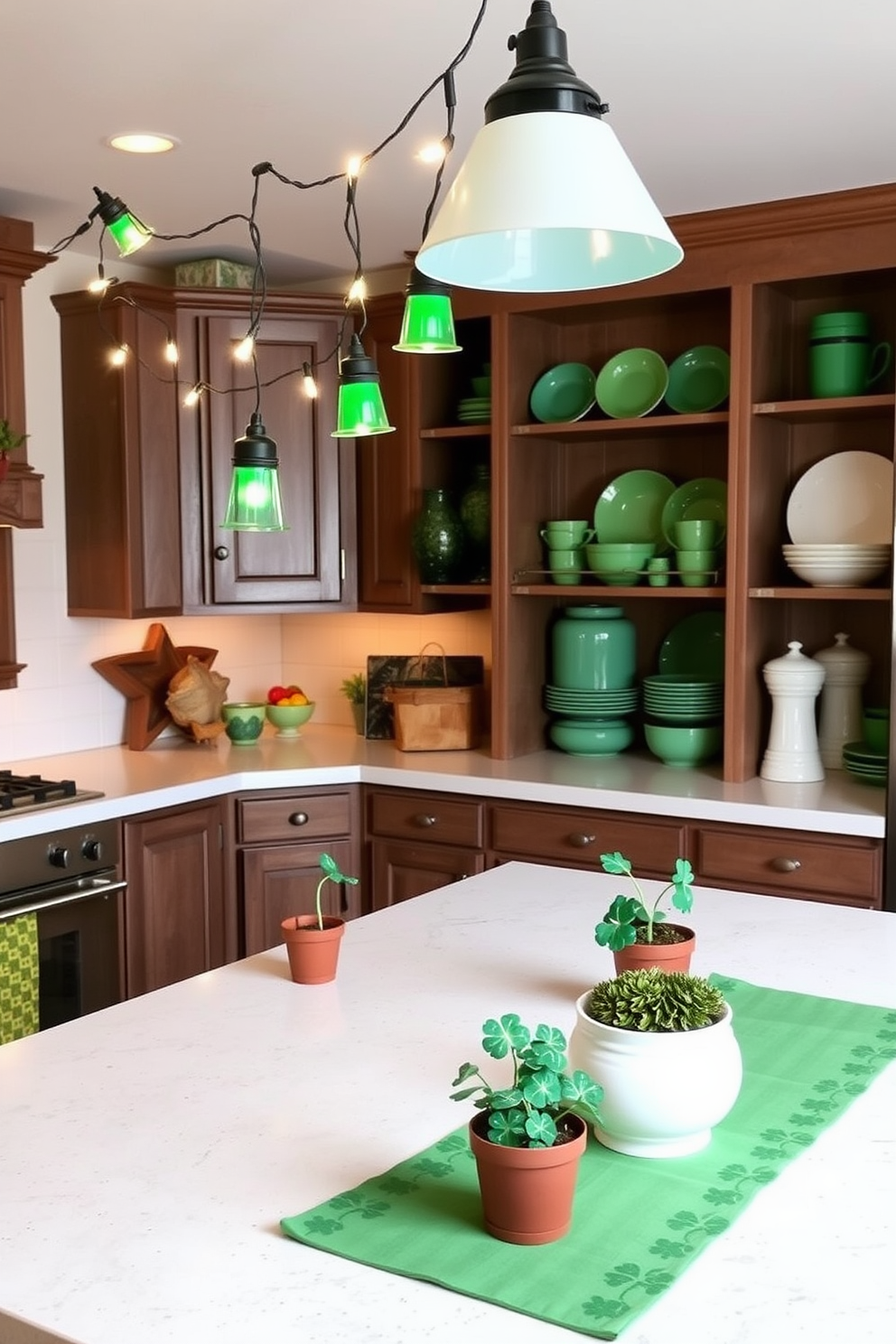 A cozy kitchen setting adorned for St. Patrick's Day. String lights with green shades hang above the island, creating a warm and festive atmosphere. The countertops are decorated with small potted shamrocks and a cheerful green table runner. Vintage-style dishes in shades of green are displayed on open shelves, enhancing the holiday spirit.