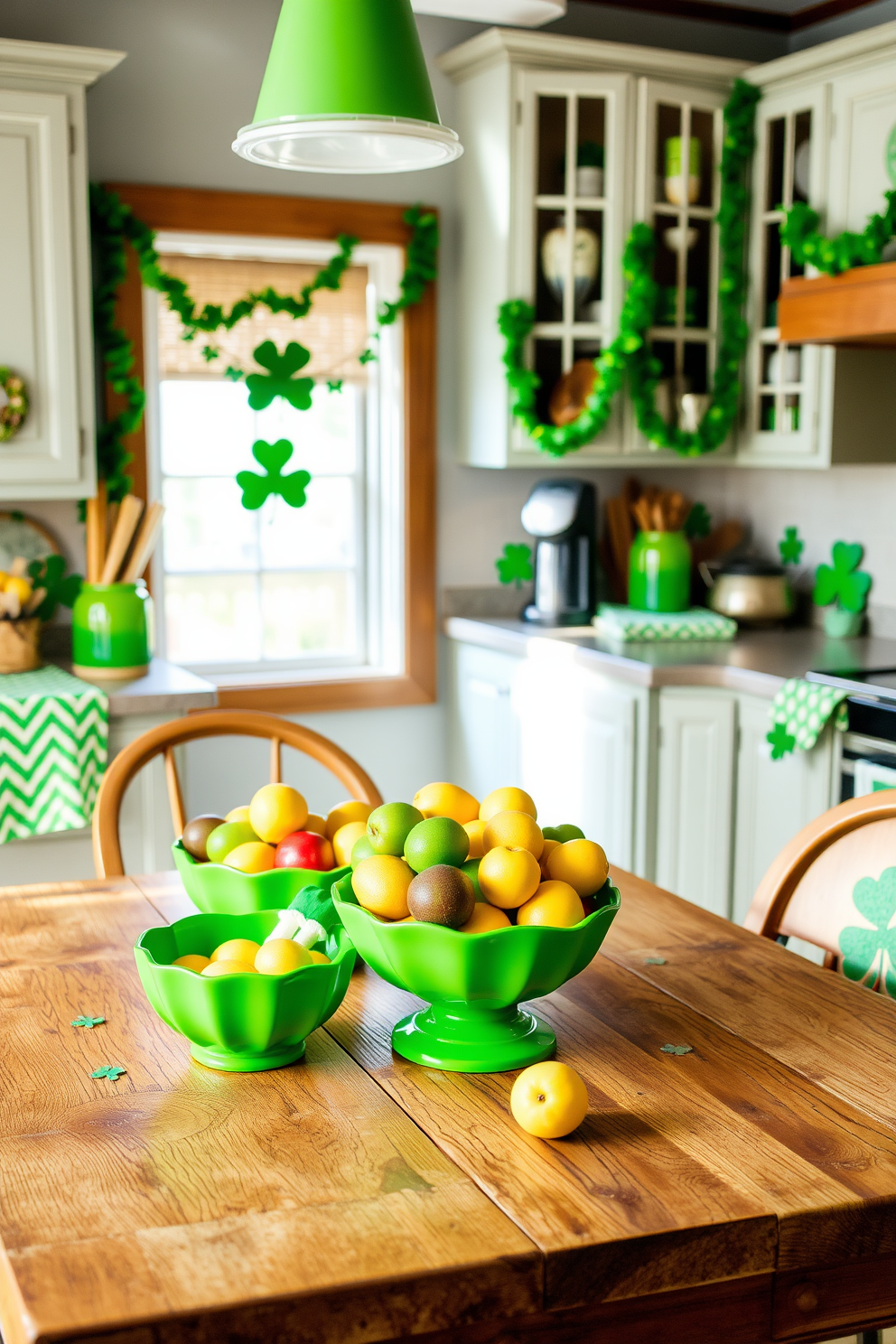 A charming kitchen scene featuring decorative green fruit bowls arranged on a rustic wooden table. The bowls are filled with various fresh fruits, creating a vibrant and inviting centerpiece for St. Patrick's Day celebrations. Bright green accents adorn the kitchen, including shamrock-themed table linens and festive garlands hanging from the cabinets. Soft, natural light filters through the window, enhancing the cheerful atmosphere of the space.