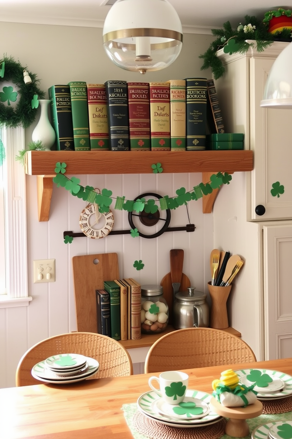 A cozy kitchen adorned with vintage Irish cookbooks displayed on a rustic wooden shelf. The decor features cheerful St. Patrick's Day accents, including green and gold garlands hanging from the cabinets and a festive table setting with shamrock-themed dishware.