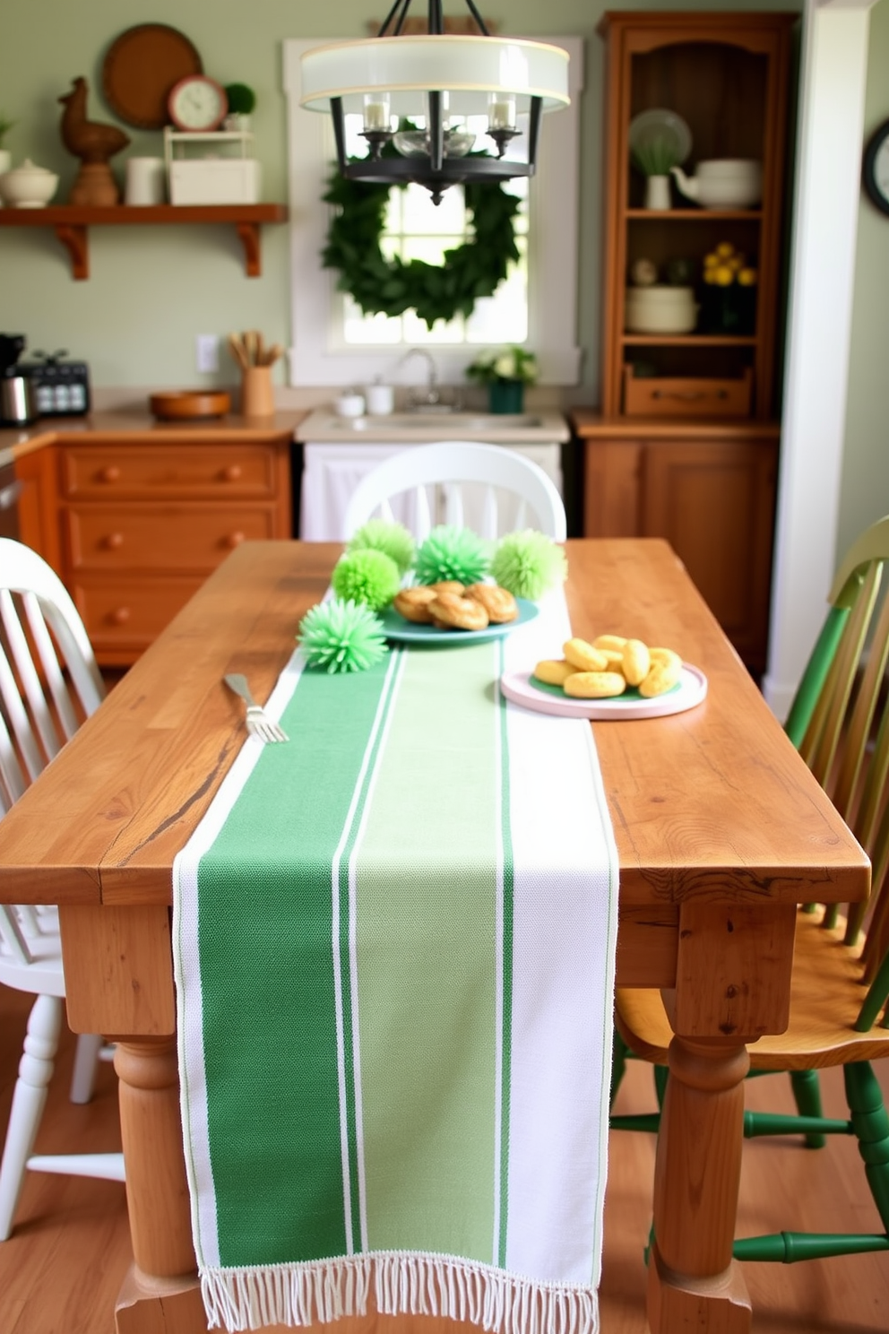 A charming kitchen setting adorned with a green and white striped table runner that elegantly drapes over a rustic wooden dining table. Freshly baked treats and vibrant green decorations are artfully arranged along the runner, creating a festive atmosphere for St. Patrick's Day.