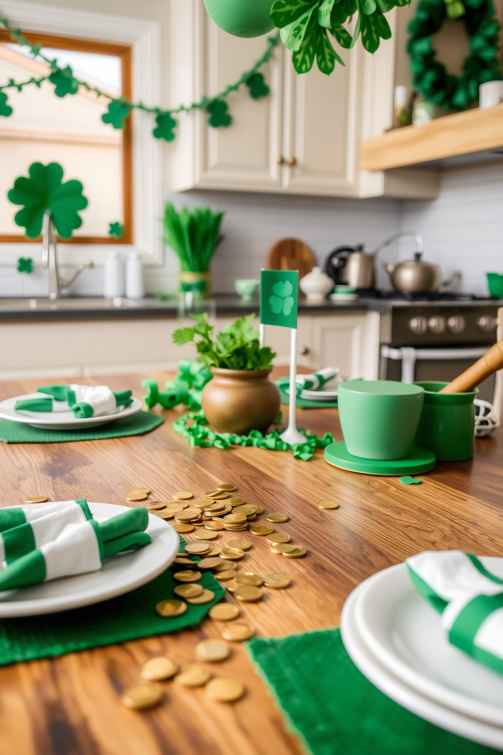 A festive kitchen setting adorned for St. Patrick's Day. Gold coins are scattered across the wooden table, adding a playful touch to the green and white decor.