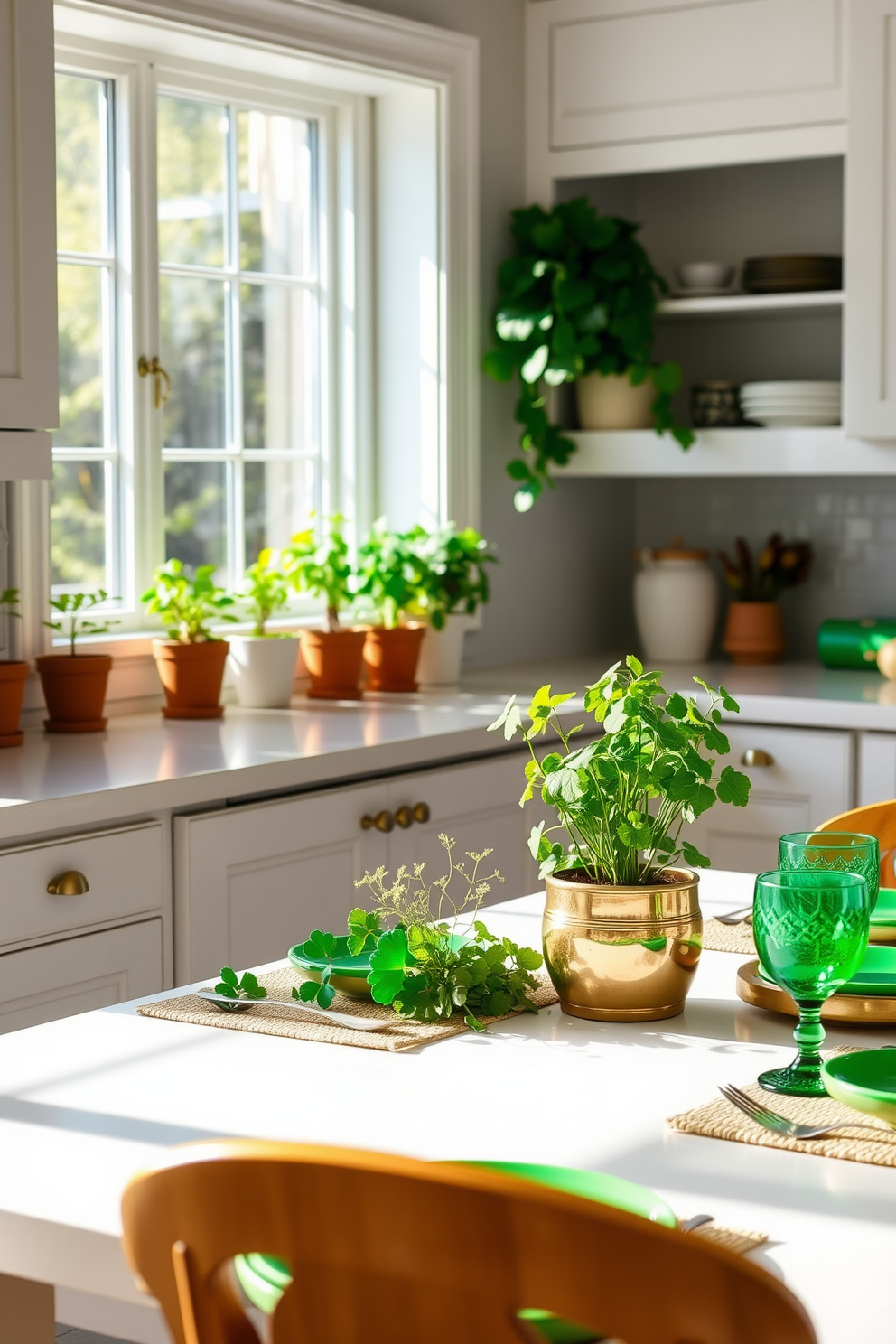 A bright kitchen filled with natural light featuring potted greenery on the windowsill for a fresh and vibrant look. The countertops are adorned with small herb pots and a decorative arrangement of shamrocks for a festive St. Patrick's Day touch. The cabinets are painted in a soft white, complementing the green accents throughout the space. A cheerful table setting with green and gold tableware enhances the festive atmosphere while inviting warmth and charm.