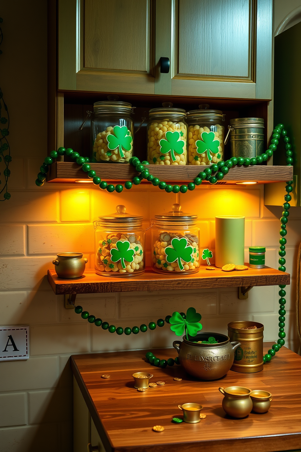 Create a cozy kitchen scene featuring St Patrick's Day themed cookie jars. The jars are adorned with shamrocks and leprechaun motifs, placed on a rustic wooden shelf above a countertop decorated with green and gold accents. Incorporate festive decorations such as garlands of green beads and small pots of gold coins scattered around. The kitchen is illuminated by warm lighting, creating an inviting atmosphere perfect for celebrating the holiday.