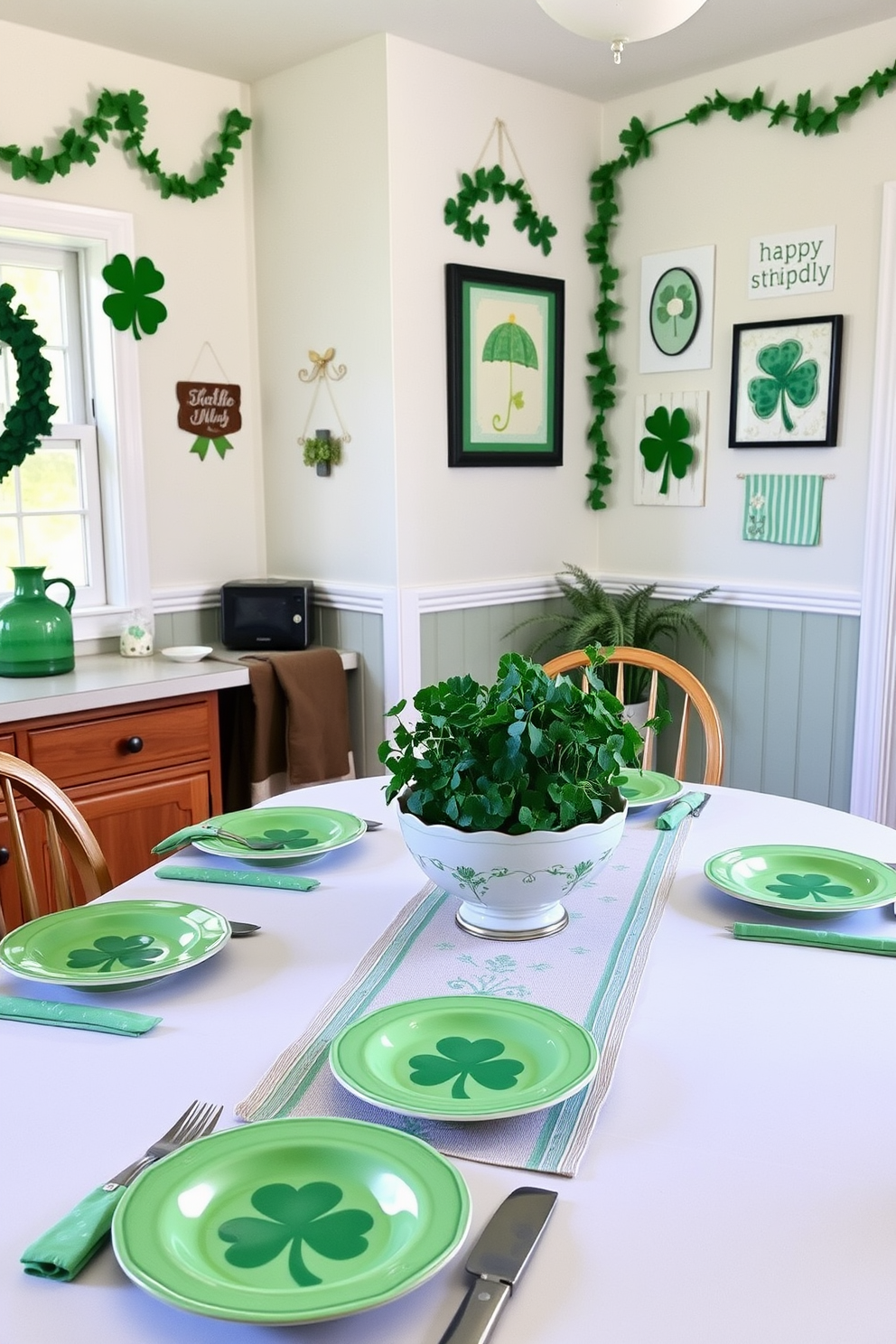 A charming kitchen adorned with shamrock-themed dishware and linens. The table is set with vibrant green plates featuring delicate shamrock patterns, complemented by matching napkins and a cheerful table runner. On the walls, festive decorations celebrate St. Patrick's Day, including green garlands and whimsical wall art. A bowl filled with fresh shamrocks sits at the center of the table, adding a touch of nature to the festive decor.