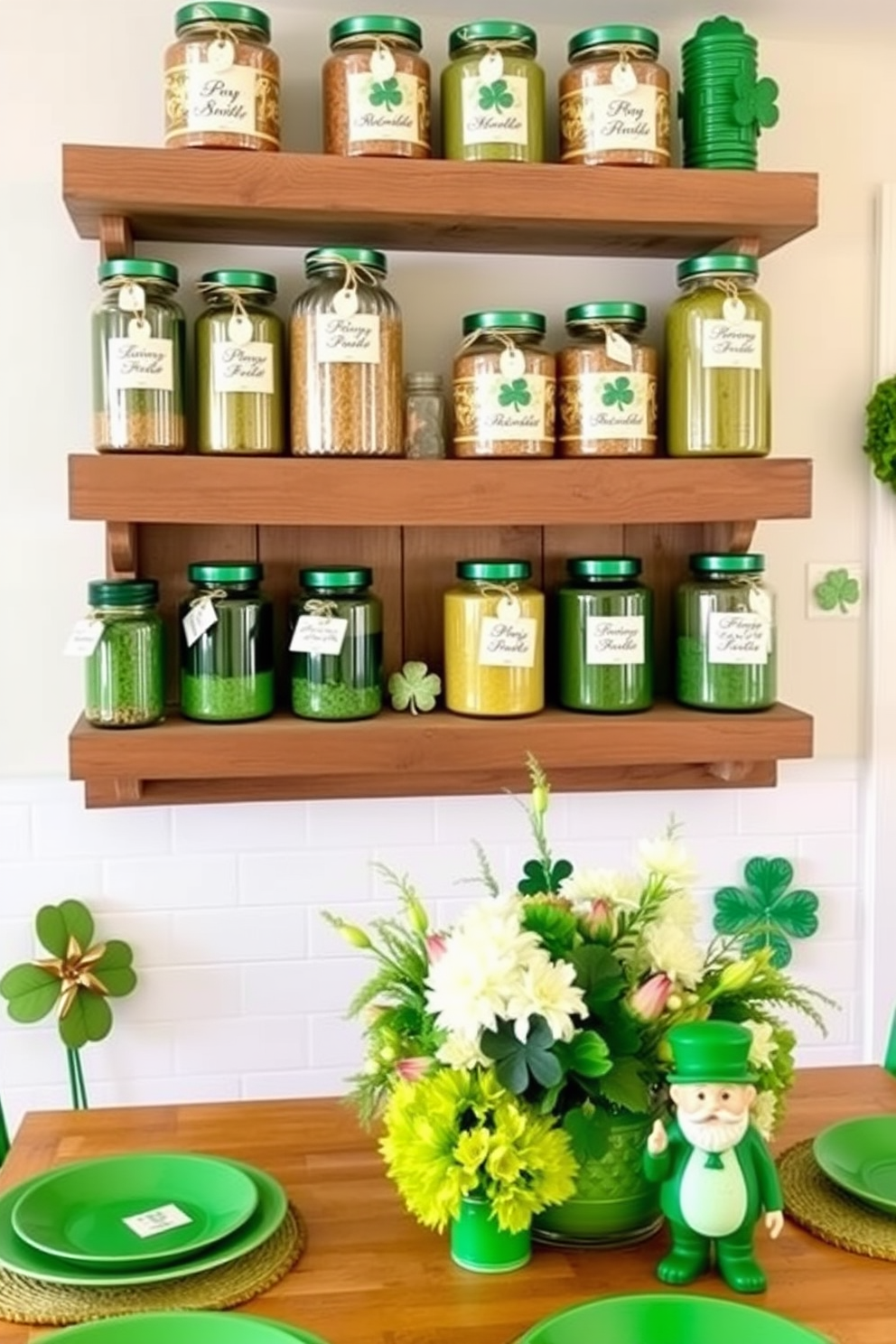 A collection of green-themed spice jars is neatly arranged on rustic wooden shelves. The jars vary in shape and size, each labeled with elegant handwritten tags, adding a touch of charm to the kitchen. For St. Patrick's Day, the kitchen is adorned with festive decorations featuring shamrocks and gold accents. A cheerful table setting includes green tableware, with a centerpiece of fresh flowers and playful leprechaun figurines.