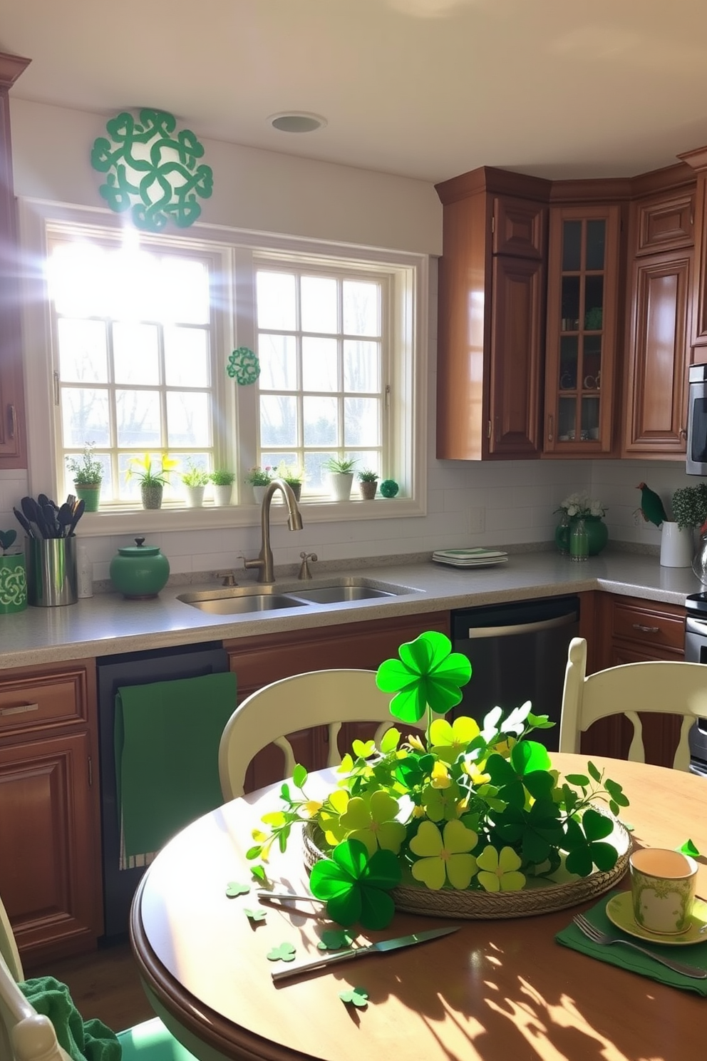 A cozy kitchen adorned with Celtic knot decorations on the windows. The sunlight filters through the intricate designs, casting beautiful patterns on the countertops. Festive green and gold accents are scattered throughout the space, celebrating St. Patrick's Day. A charming table setting features a vibrant centerpiece of shamrocks and traditional Irish symbols.