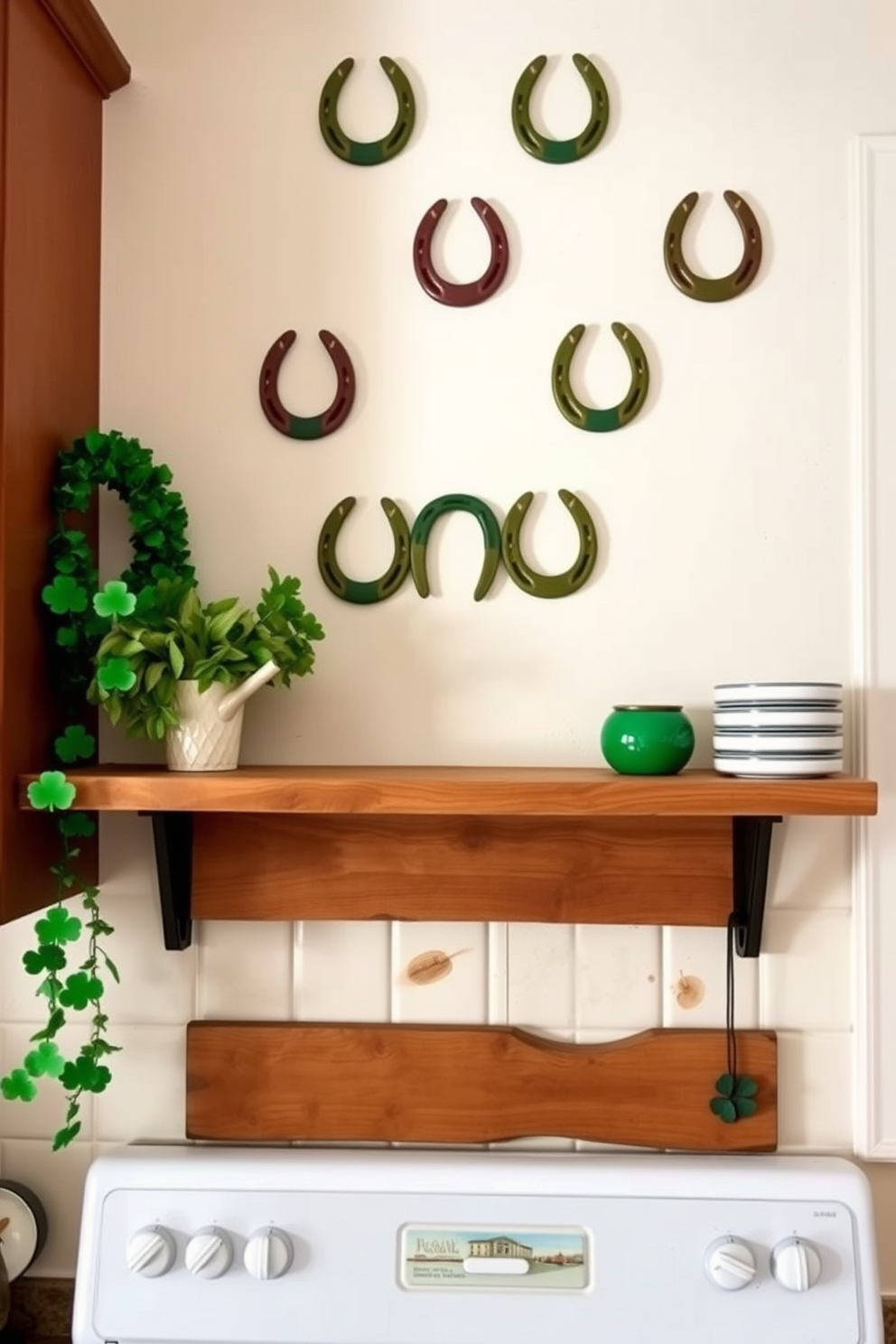 A charming kitchen adorned with lucky horseshoes as wall decor. The horseshoes are arranged in a creative pattern above a rustic wooden shelf, enhancing the festive St. Patrick's Day theme.