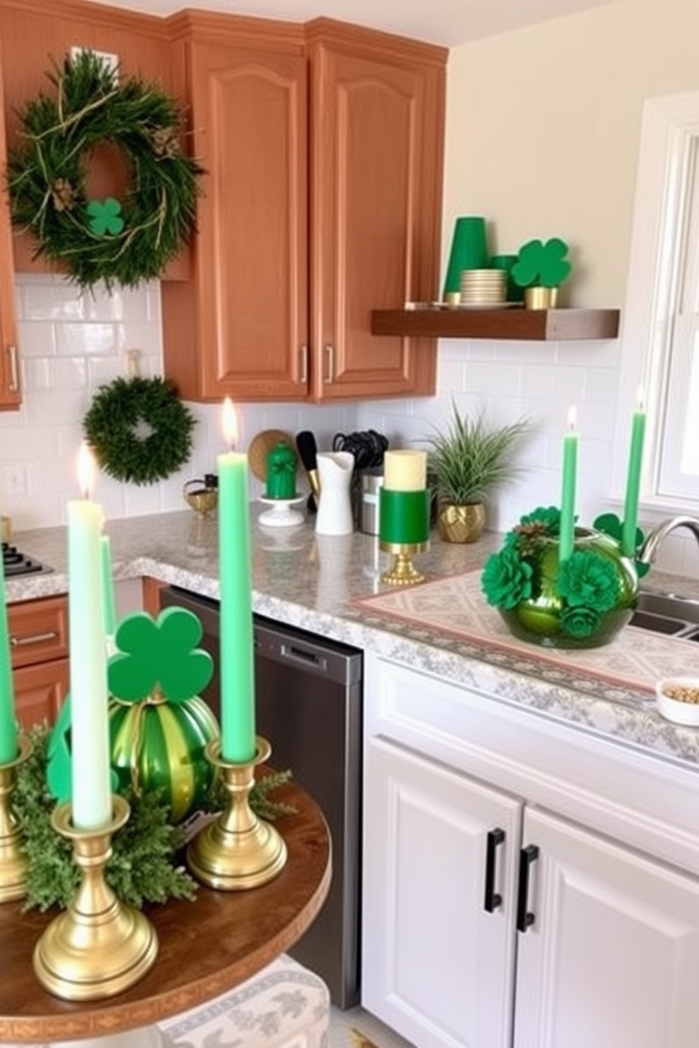 A cozy kitchen setting adorned with green and gold candles to create a warm ambiance. The countertops are decorated with festive St. Patrick's Day elements, including shamrock centerpieces and gold accents.