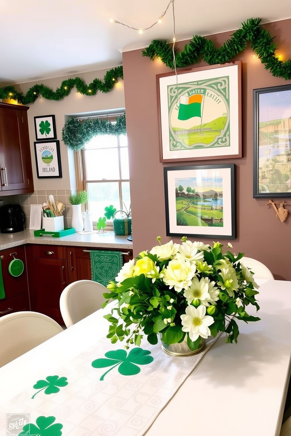 A cozy kitchen adorned with Irish-themed prints framed on the walls. The prints feature traditional Celtic patterns and vibrant landscapes of Ireland, adding a touch of culture to the space. St. Patrick's Day decorations include green accents like shamrock table runners and festive garlands. A cheerful atmosphere is created with twinkling fairy lights and a centerpiece of fresh flowers in shades of green and white.