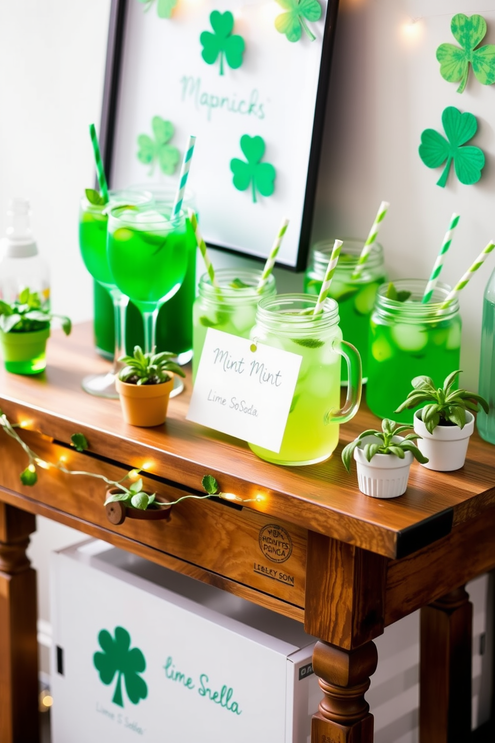 A festive drink station is set up with a variety of green beverages including mint-infused cocktails and lime soda. The station features a charming wooden table adorned with shamrock decorations and twinkling fairy lights. Glass jars filled with vibrant green drinks are arranged alongside elegant glassware and colorful straws. Fresh herbs like mint and basil are placed in small pots for a touch of greenery and added flavor.