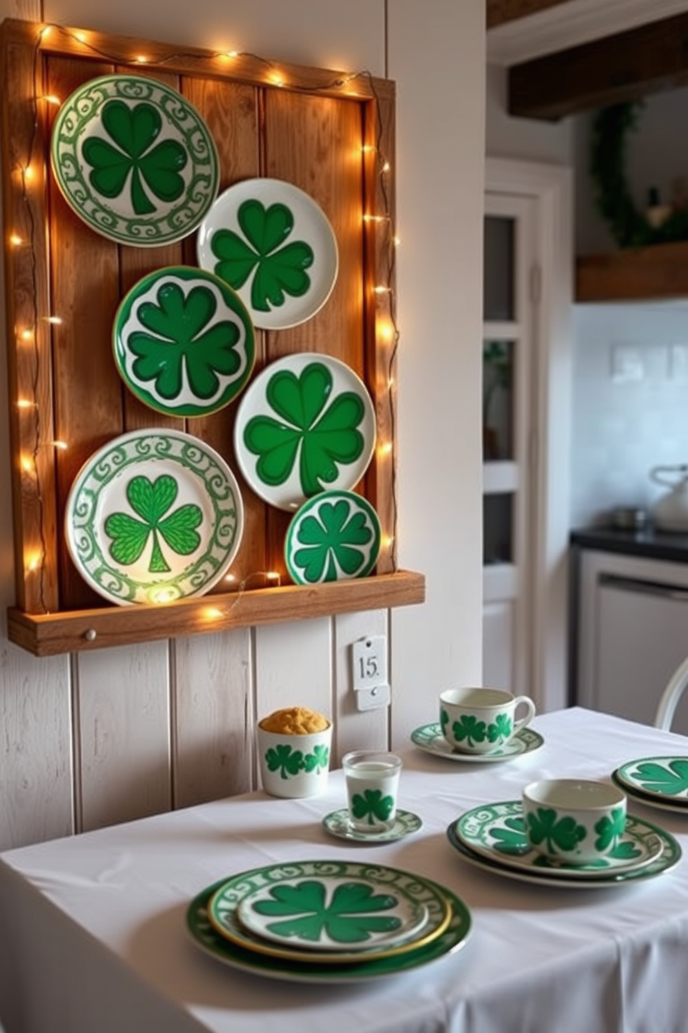 Decorative plates featuring intricate shamrock designs are artfully arranged on a rustic wooden shelf. The vibrant greens and golds of the plates create a festive atmosphere, complemented by twinkling fairy lights draped around the display. In the kitchen, a charming table is set with a white linen tablecloth and matching shamrock-themed dinnerware. Freshly baked goods are placed on the table, adding a touch of warmth and inviting ambiance for St. Patrick's Day celebrations.