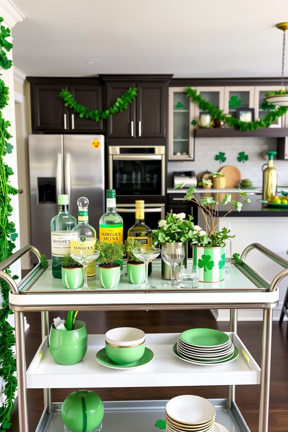 A stylish green-themed bar cart is set up for entertaining. It features an array of premium spirits, elegant glassware, and fresh herbs in decorative pots. The kitchen is adorned with festive St. Patrick's Day decorations. Green garlands drape across the countertops, and shamrock-themed dishware adds a playful touch.