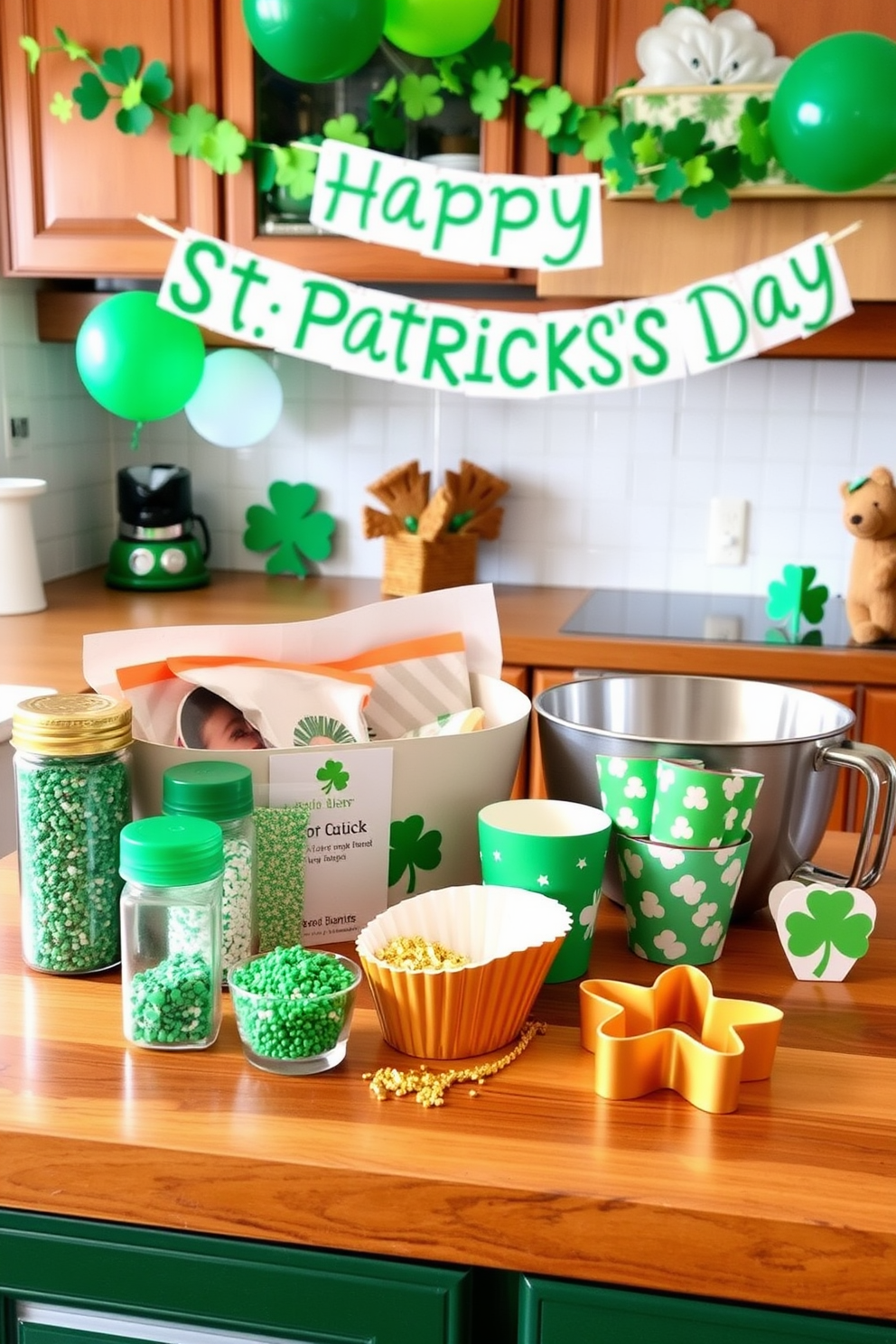 St Patricks Day themed baking supplies are arranged on a wooden kitchen counter. There are green and gold sprinkles, shamrock-shaped cookie cutters, and festive baking cups displayed alongside a mixing bowl. The kitchen is adorned with St Patricks Day decorating ideas that include garlands of shamrocks and green balloons. A cheerful banner reading Happy St Patricks Day hangs above the countertop, creating a festive atmosphere.