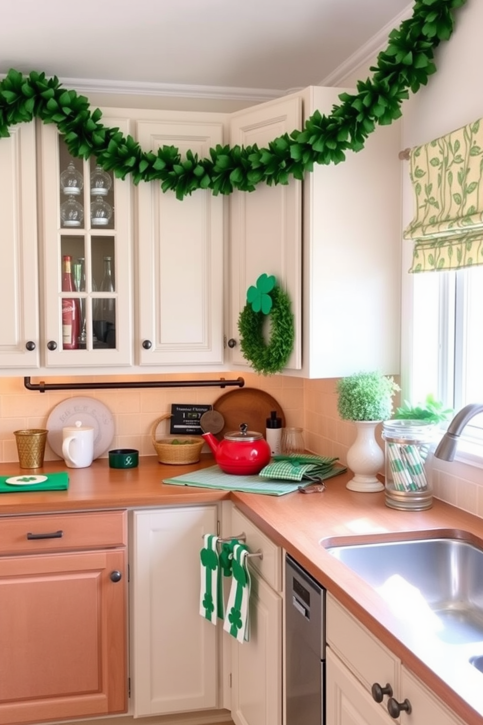 A cozy kitchen adorned for St. Patrick's Day. Lush green garlands drape elegantly above the cabinets, complemented by festive decorations that celebrate the holiday spirit.