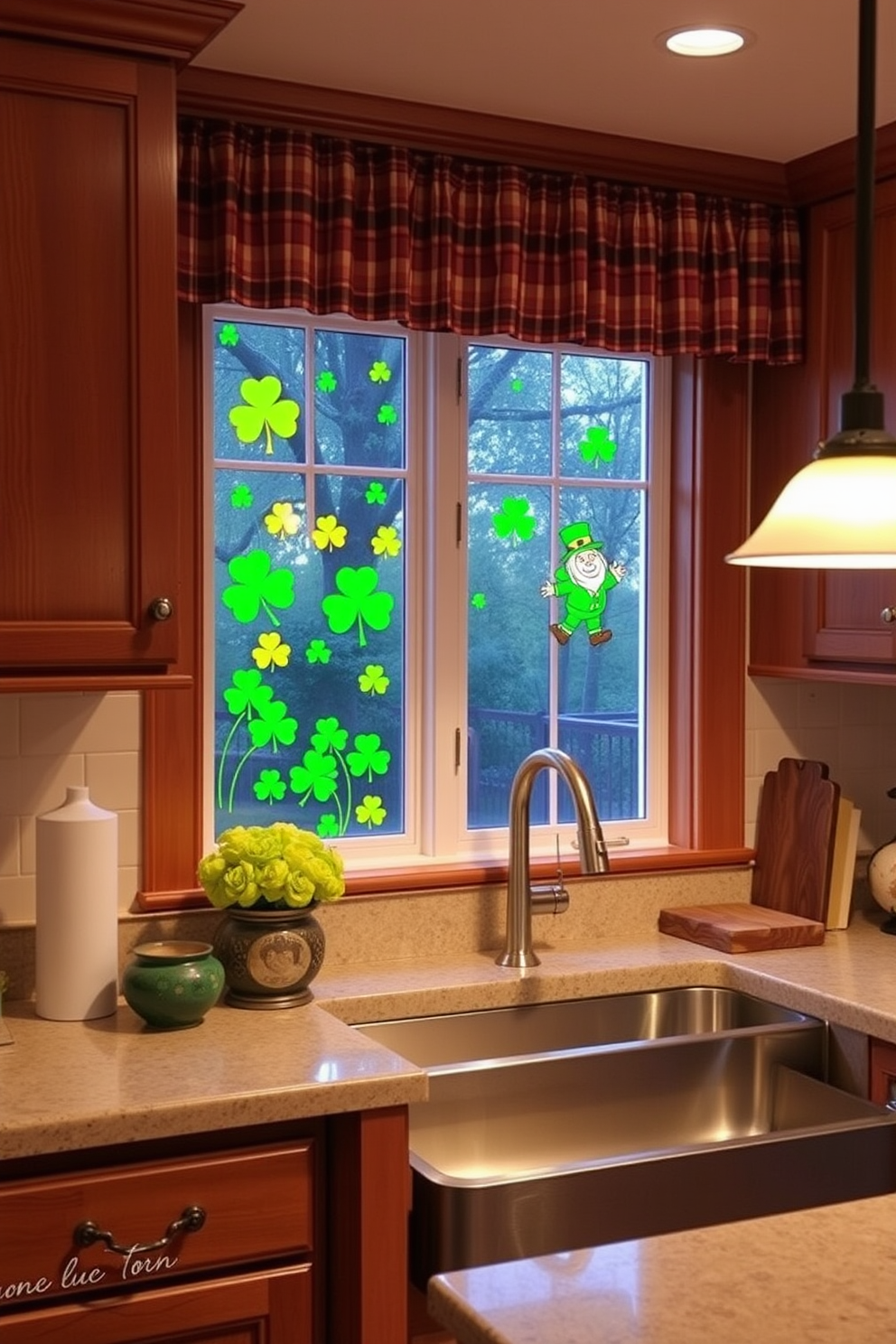 Create a cozy kitchen atmosphere adorned with window clings featuring festive St. Patrick's Day designs. The clings showcase vibrant shamrocks and leprechauns, adding a playful touch to the space while complementing the warm wood cabinetry.