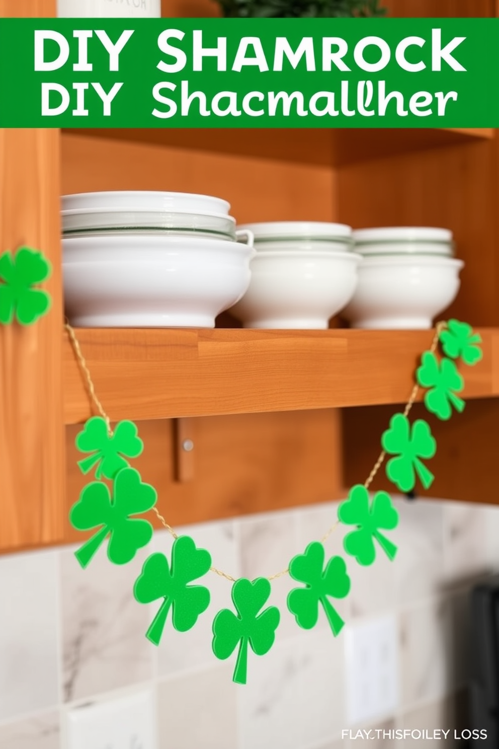 A charming DIY shamrock banner hangs gracefully from the shelves, adding a festive touch to the kitchen. The vibrant green shamrocks are crafted from felt, creating a playful and inviting atmosphere for St. Patrick's Day celebrations.