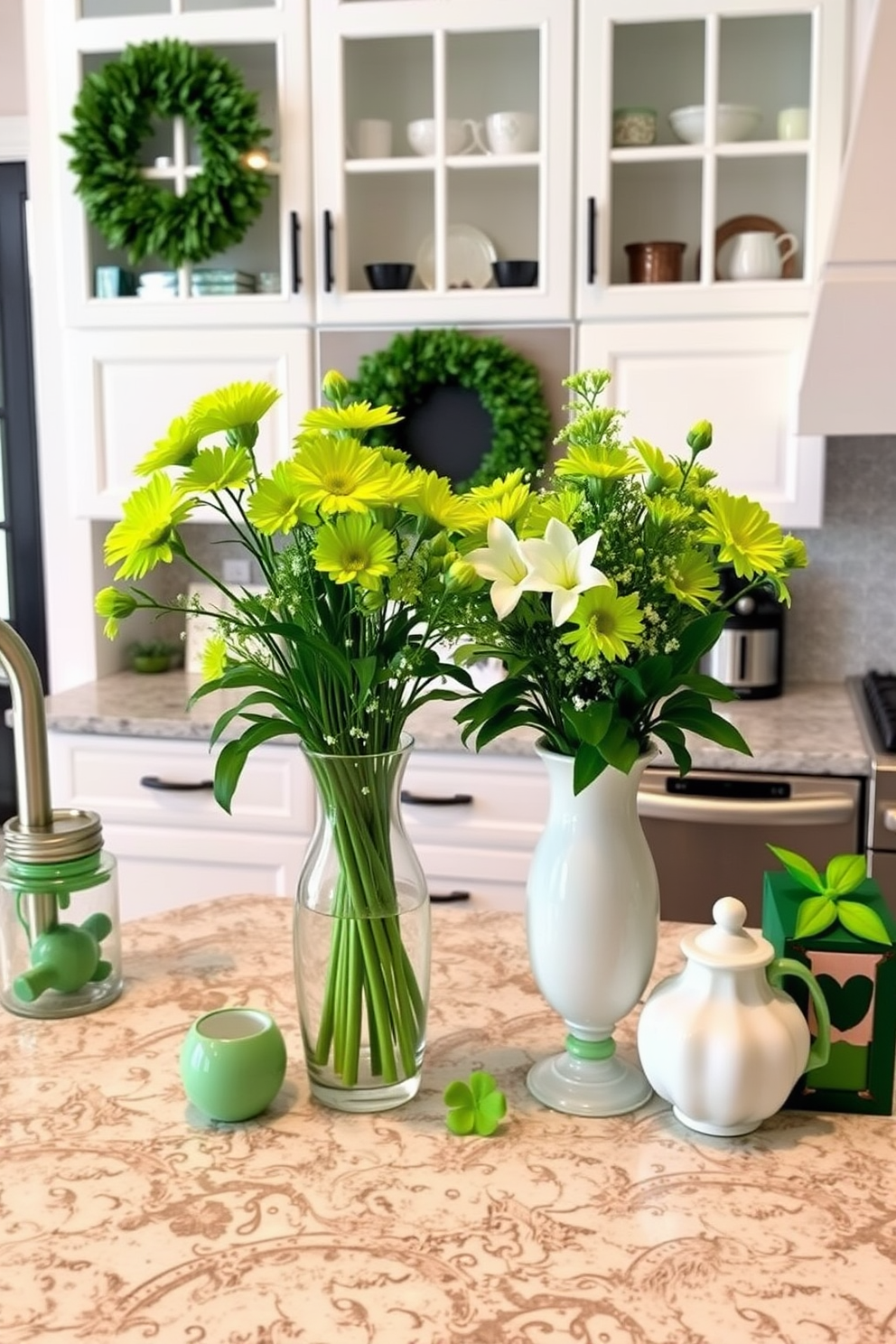 A cheerful kitchen adorned with festive green flowers in elegant vases. The vibrant blooms are arranged on the countertop alongside decorative elements that celebrate St. Patrick's Day.