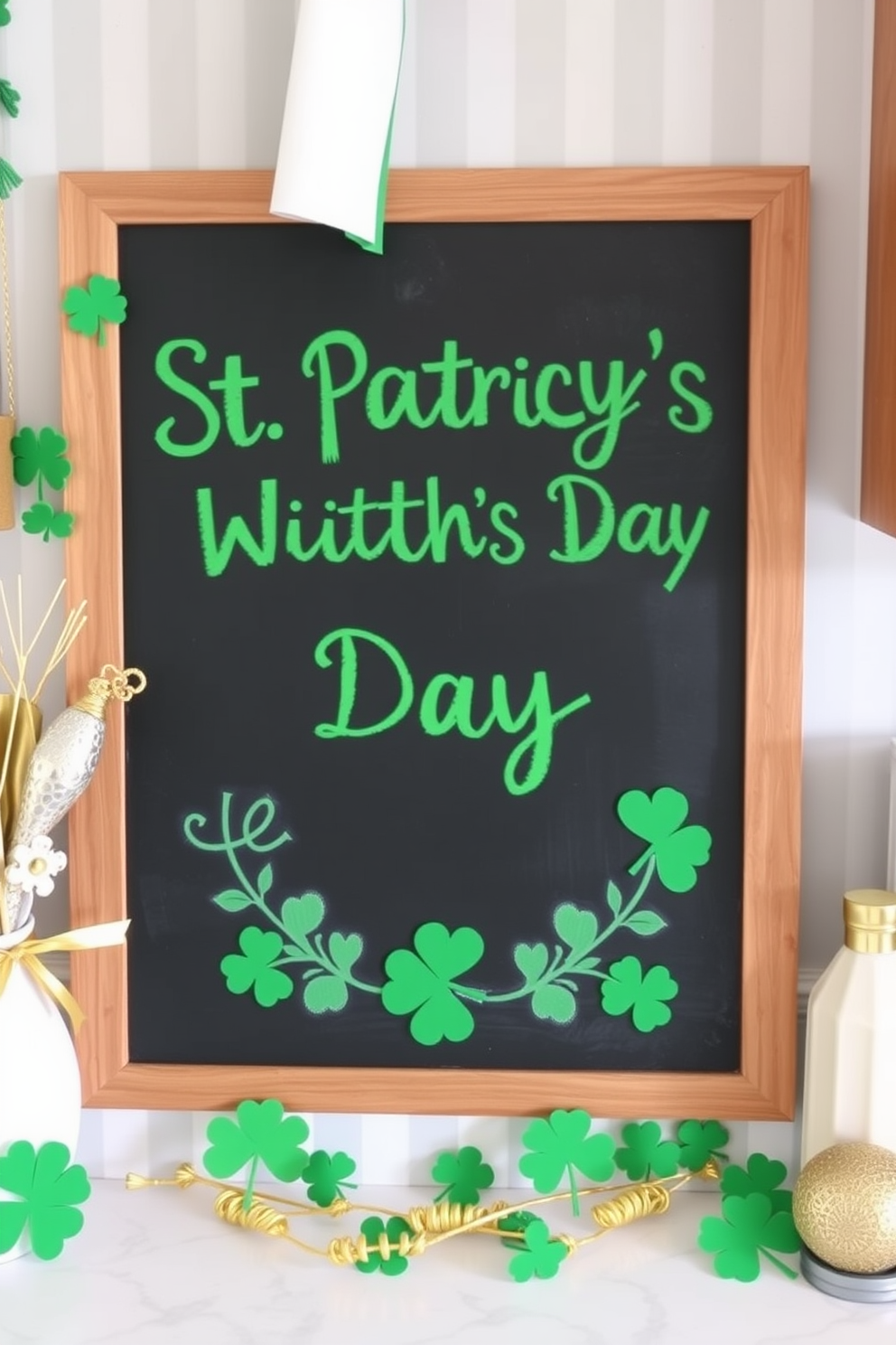 A chalkboard displays a festive St Patricks Day message in vibrant green lettering. Surrounding the chalkboard are decorations featuring shamrocks and golden accents, creating a cheerful kitchen atmosphere.