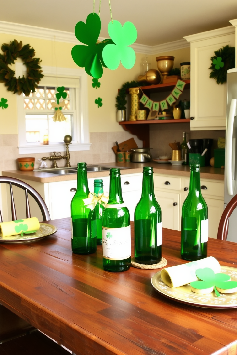 A charming kitchen setting adorned with green glass bottles as centerpieces. The bottles vary in height and shape, arranged on a rustic wooden table, enhancing the festive St. Patrick's Day theme. Surrounding the table are cheerful decorations featuring shamrocks and gold accents. The kitchen walls are painted in a soft cream color, creating a warm and inviting atmosphere for the holiday celebration.