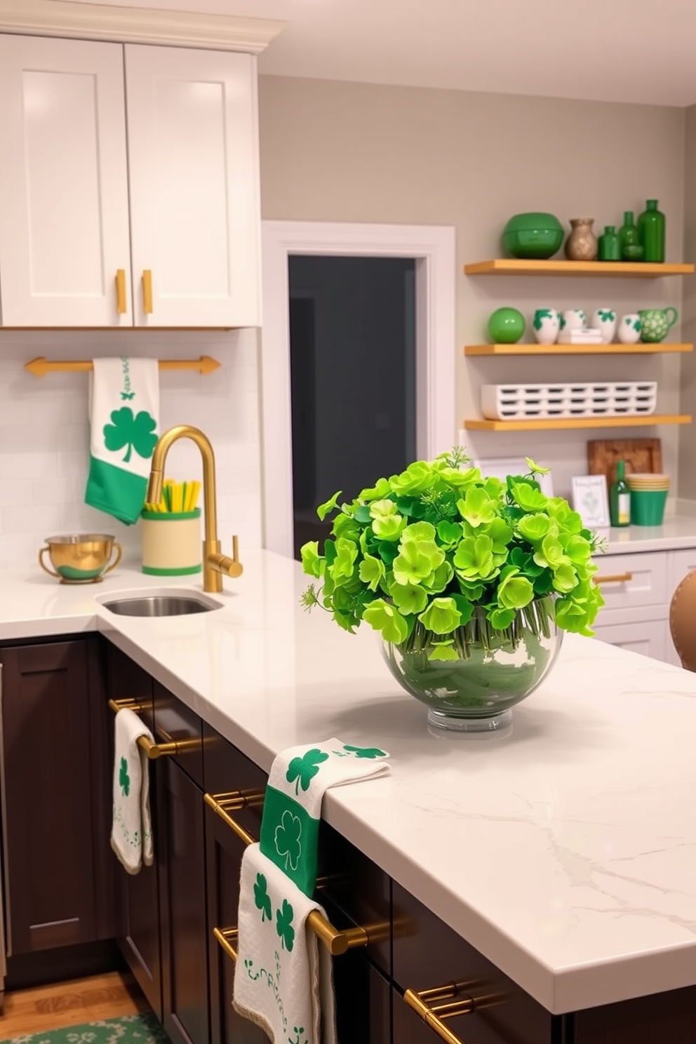 A modern kitchen adorned with gold-accented accessories. The countertops are sleek and white, complemented by gold handles on the cabinets and a stylish gold faucet. For St. Patrick's Day, the kitchen is decorated with vibrant green accents. Shamrock-themed dish towels and a festive centerpiece filled with green flowers bring a cheerful touch to the space.