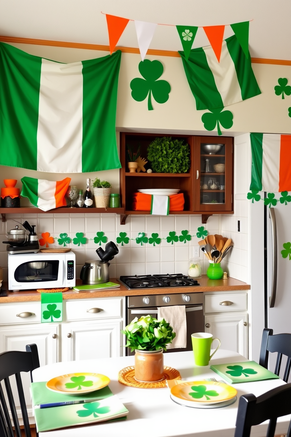 A cozy kitchen adorned with Irish flag decorations on the walls. Festive green, white, and orange accents create a cheerful atmosphere, complemented by shamrock-themed tableware and vibrant banners.