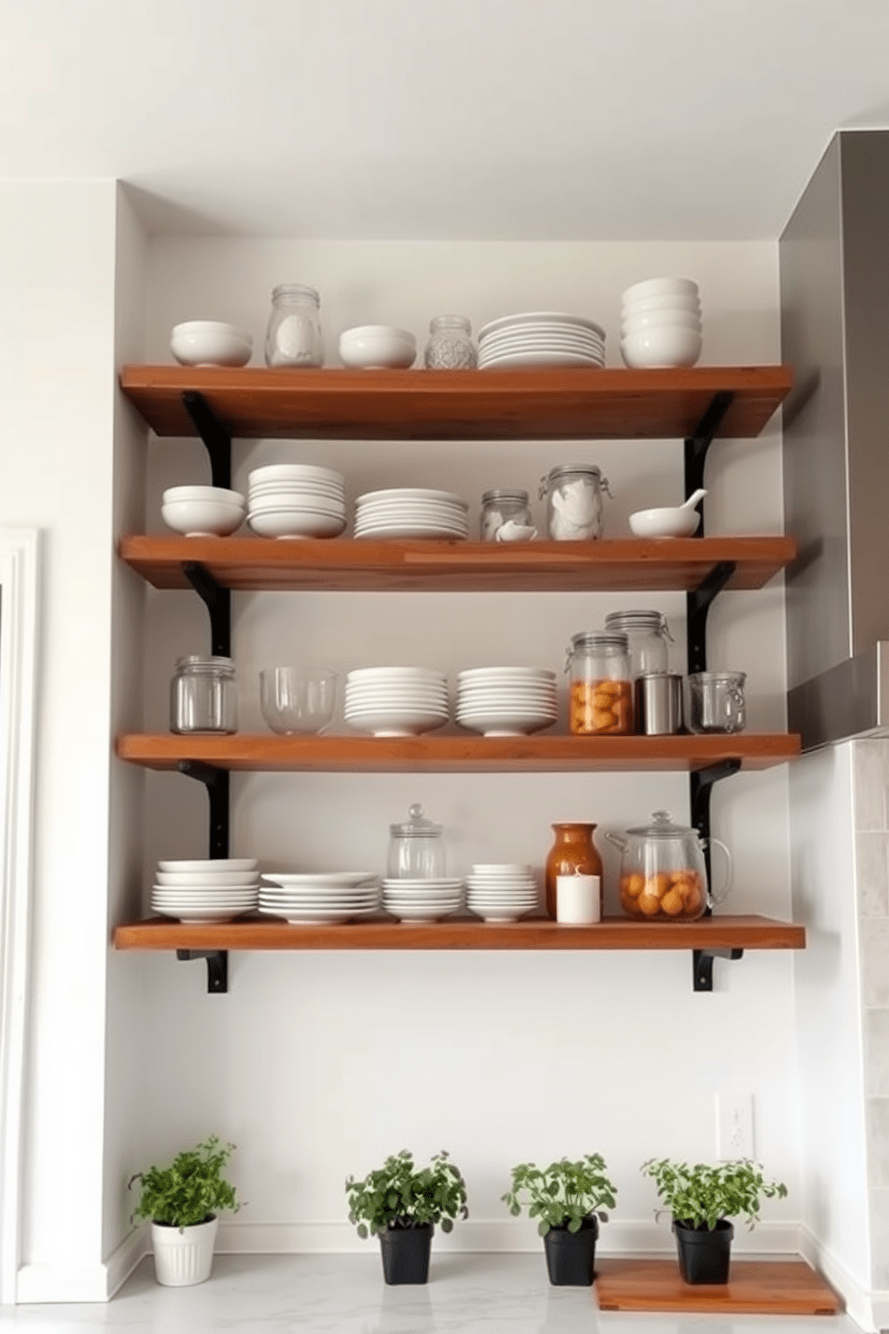 Open shelving design featuring a mix of rustic wooden shelves and sleek metal brackets. The shelves are filled with neatly arranged dishes, glassware, and decorative jars, creating an inviting and functional kitchen space. The backdrop showcases a soft white wall color that enhances the brightness of the room. Below the shelves, a stylish countertop provides additional workspace, complemented by a few potted herbs for a touch of greenery.