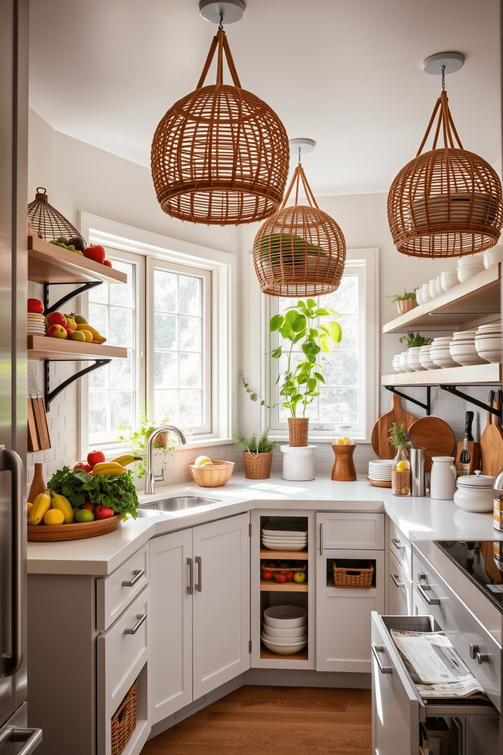 A cozy kitchen filled with natural light features hanging baskets made of woven rattan suspended from the ceiling. The baskets are filled with vibrant fruits and vegetables, adding a pop of color to the space while providing easy access for cooking. The kitchen is designed with sleek cabinetry and open shelving that showcase beautiful dishware and kitchen essentials. A combination of pull-out drawers and organized containers maximizes storage efficiency, keeping the countertops clutter-free.