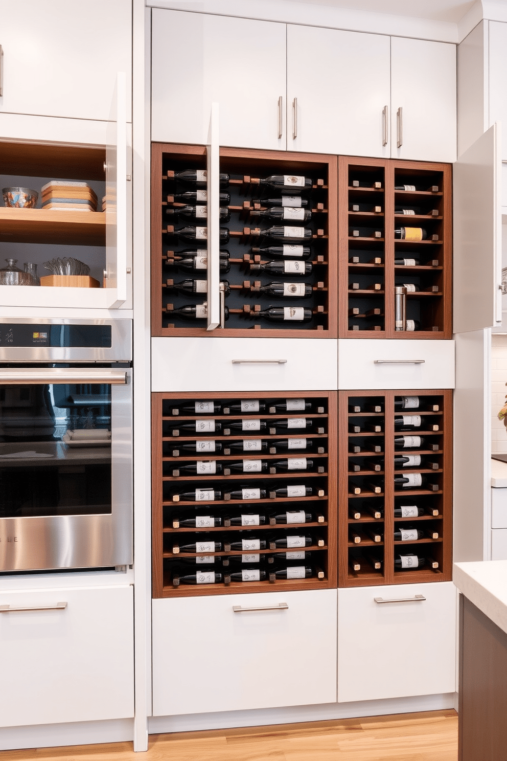 A modern kitchen featuring built-in wine racks elegantly integrated into the cabinetry. The wine racks are made of dark wood, showcasing a variety of wine bottles, while sleek white countertops and stainless steel appliances create a chic contrast. Surrounding the wine racks are clever storage solutions, including pull-out shelves and hidden compartments, maximizing space and functionality. The overall design combines aesthetics with practicality, ensuring that the kitchen remains both stylish and efficient.