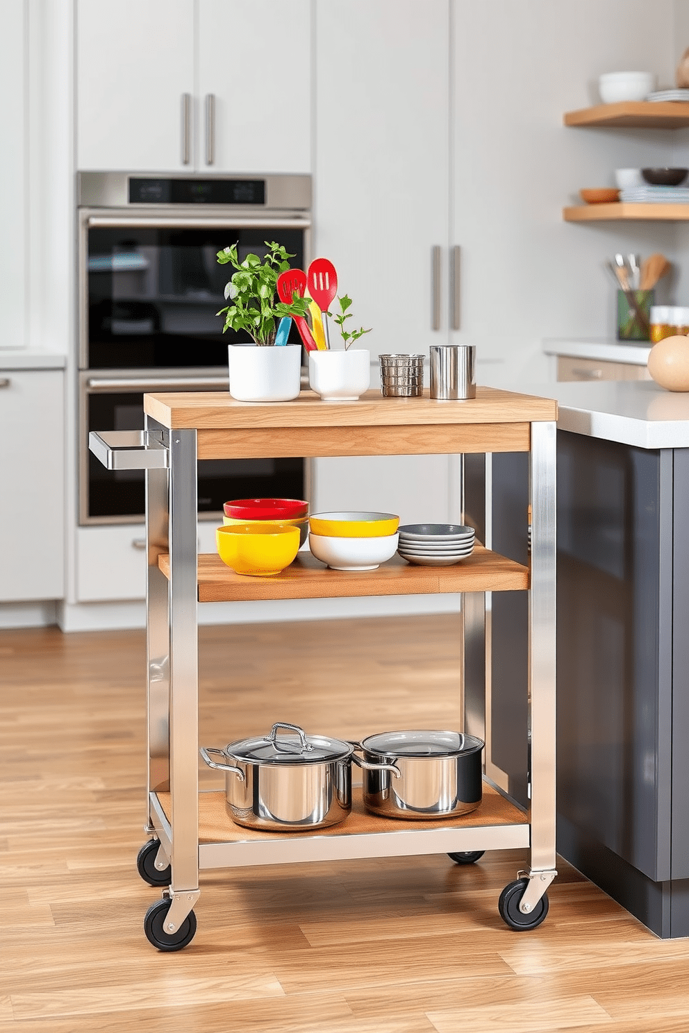 A sleek rolling cart made of stainless steel with wooden shelves is positioned in a modern kitchen. It features an array of colorful kitchen utensils and a small potted herb plant on the top shelf. The cart is placed next to a stylish kitchen island, complementing the overall decor. Underneath, additional storage is provided for pots and pans, enhancing functionality and style.