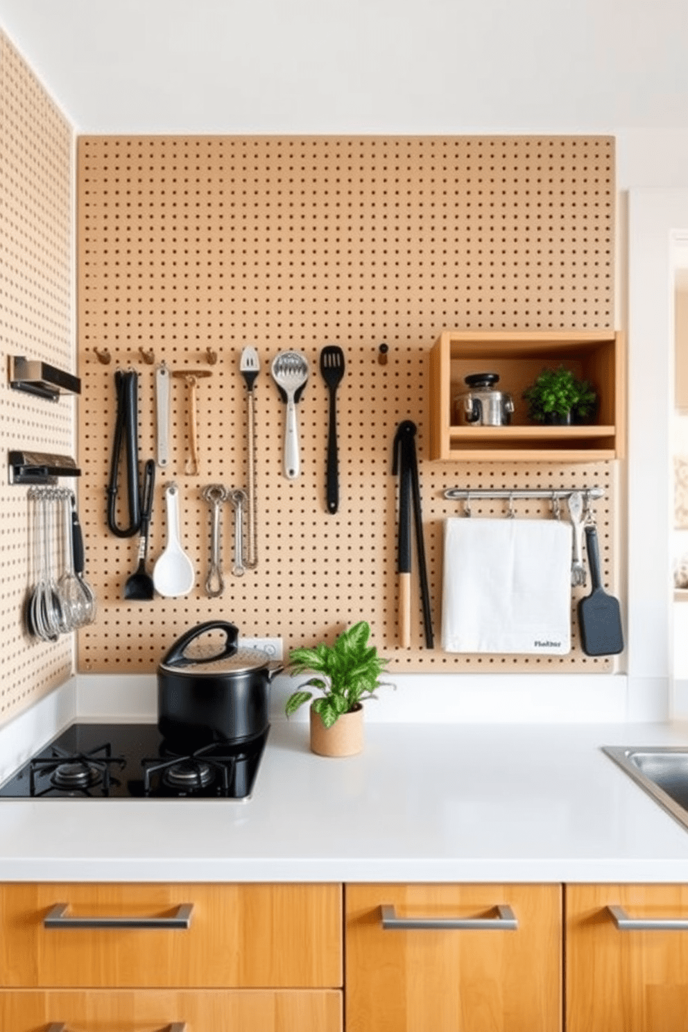 A modern kitchen featuring pegboards on the walls for customizable tool organization. The pegboards are arranged in a grid pattern, showcasing a variety of hooks and shelves for easy access to cooking utensils and tools. The kitchen cabinets are sleek and minimalist, with a warm wood finish that complements the pegboards. A spacious countertop provides ample workspace, while decorative plants add a touch of greenery to the design.