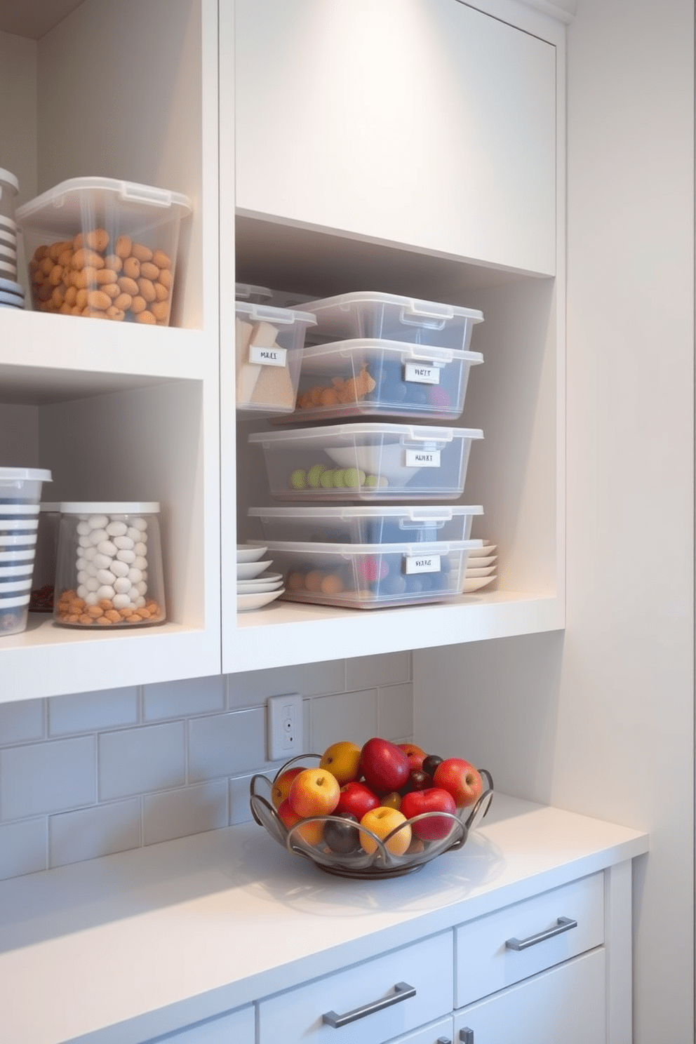 A modern kitchen featuring stackable bins arranged neatly on open shelving. The bins are made of transparent plastic, allowing easy visibility of contents, and are labeled for organization. The kitchen has a minimalist design with white cabinetry and a sleek countertop. A pop of color is added with vibrant fruits displayed in a decorative bowl on the countertop.