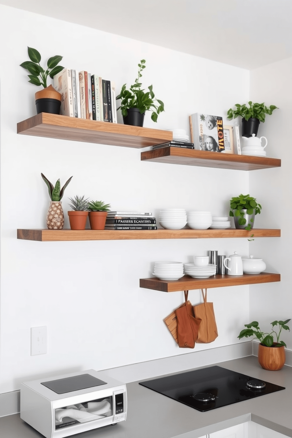 A modern kitchen featuring floating shelves that provide decorative storage. The shelves are made of reclaimed wood and are adorned with various plants, cookbooks, and stylish kitchenware. The walls are painted in a soft white to enhance the brightness of the space. Below the shelves, a sleek countertop with minimalist appliances creates a functional yet aesthetic kitchen environment.