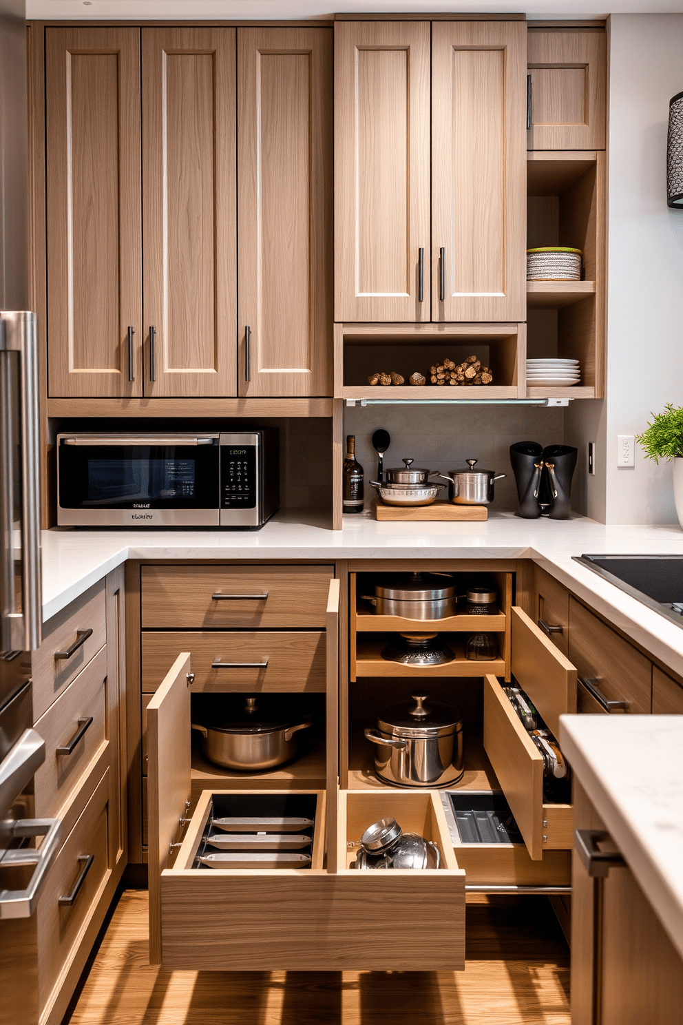 A sleek and modern kitchen featuring appliance garages that seamlessly blend into the cabinetry. The garages are designed with push-to-open mechanisms, ensuring a clean and clutter-free countertop. Ample storage solutions are incorporated, including deep drawers and pull-out shelves for easy access to pots and pans. The overall aesthetic is enhanced with a neutral color palette, complemented by stylish hardware and finishes.