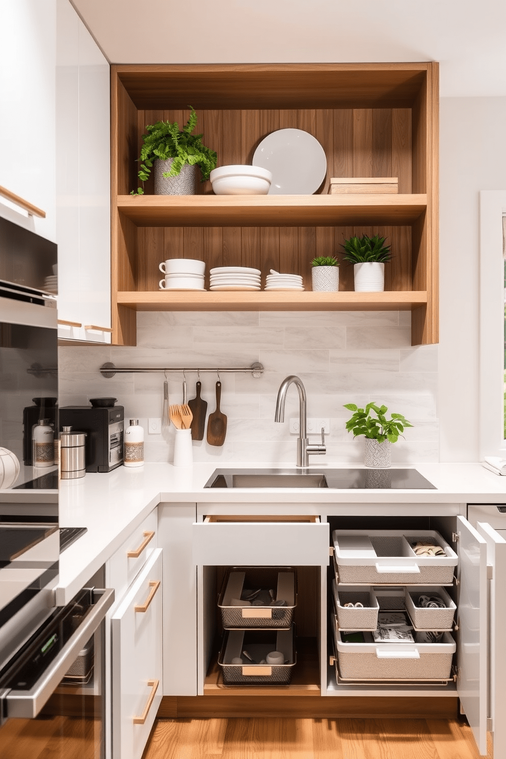 A modern kitchen featuring sleek cabinetry with soft-close drawer slides for easy access to utensils and cookware. The design includes open shelving above the countertop, showcasing decorative dishware and plants for a fresh, inviting atmosphere. Incorporating a pull-out pantry with organized storage bins, maximizing space efficiency while keeping essentials within reach. The color palette combines warm wood tones with crisp white accents, creating a cozy yet contemporary feel.